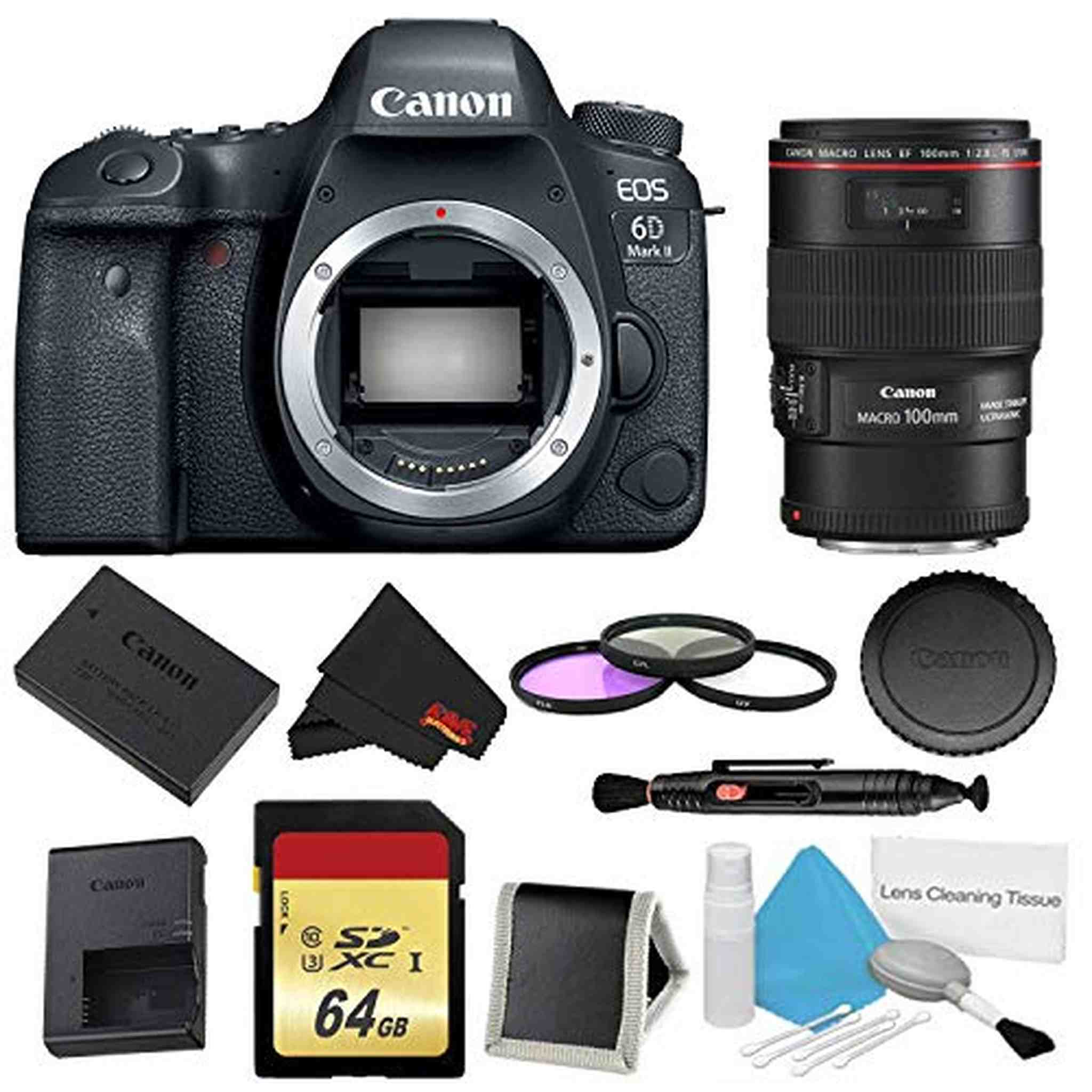 Canon EOS 6D Mark II DSLR Camera Body Only 3 Piece Filter w/Memory Bundle + EF 100mm f/2.8L Macro is USM Lens - Intern Canon