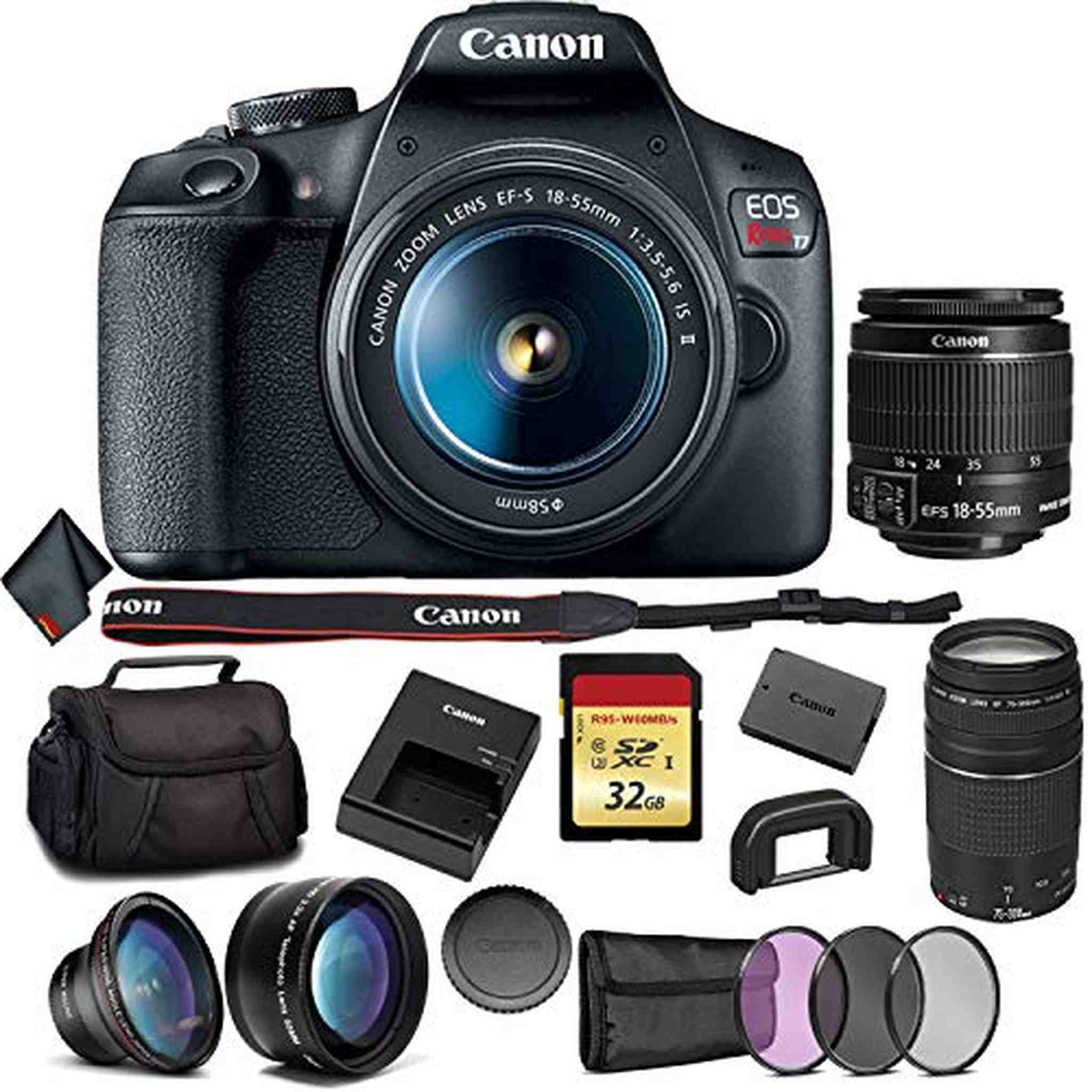 Canon EOS Rebel T7 DSLR Camera Bundle with 2 Lenses 18-55 + 75-300mm Lens + 32GB Memory Card + 3pc Filter Kit + Angle Canon