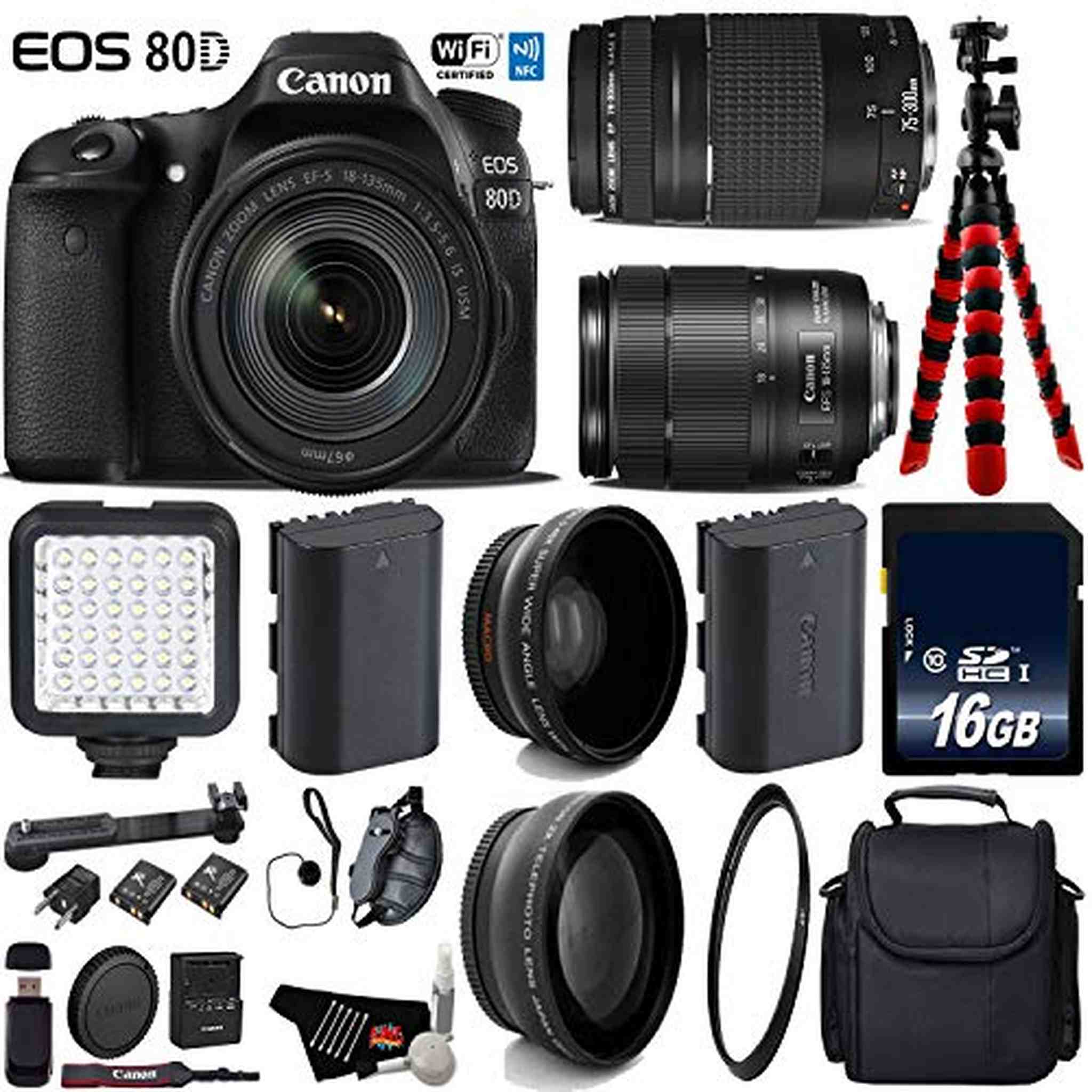 Canon EOS 80D DSLR Camera with 18-135mm is STM Lens & 75-300mm III Lens + LED + UV FLD CPL Filter Kit Advanced Bundle Canon