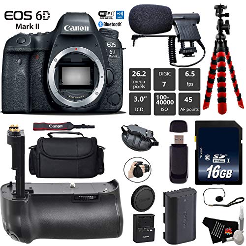 Canon EOS 6D Mark II DSLR Camera Body Only + Professional Battery Grip + Condenser Microphone + Case + Wrist Strap Base Bundle Canon