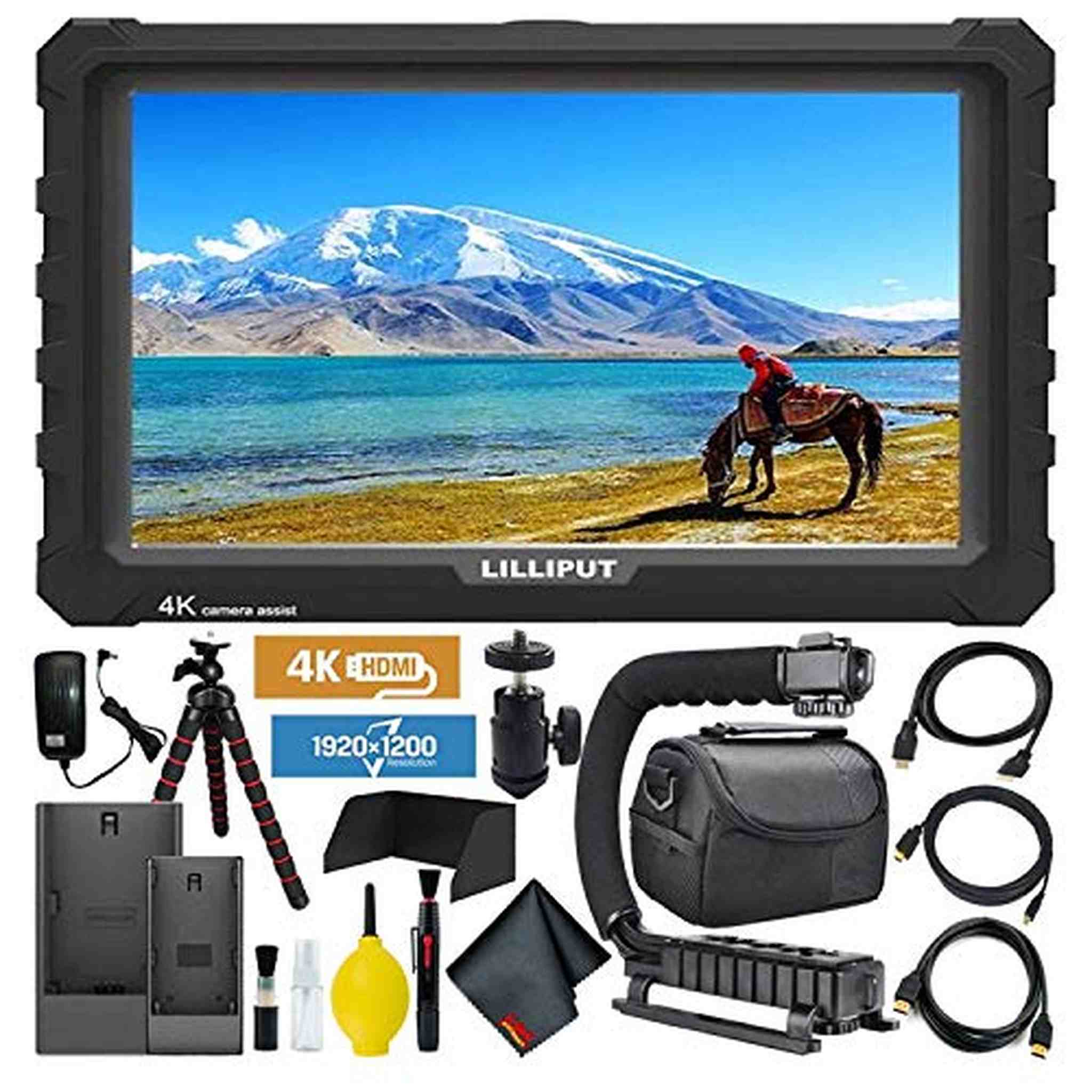 Lilliput A7S Full HD 7 Inch IPS Video Camera Field Monitor with 4K Support Black Case HDMI Ports Essentials Bundle with Stabilizing Handle, Tripod, Lilliput