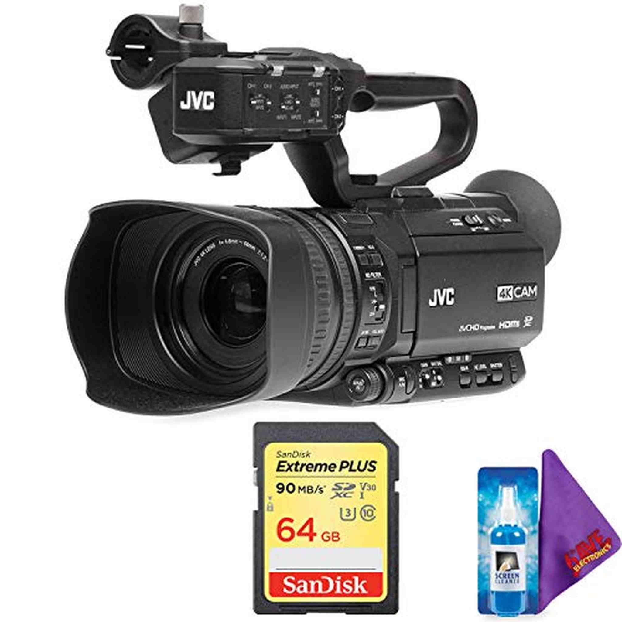 JVC GY-HM250 UHD 4K Streaming Camcorder with Built-in Lower-Thirds Graphics + Pro Memory Card JVC