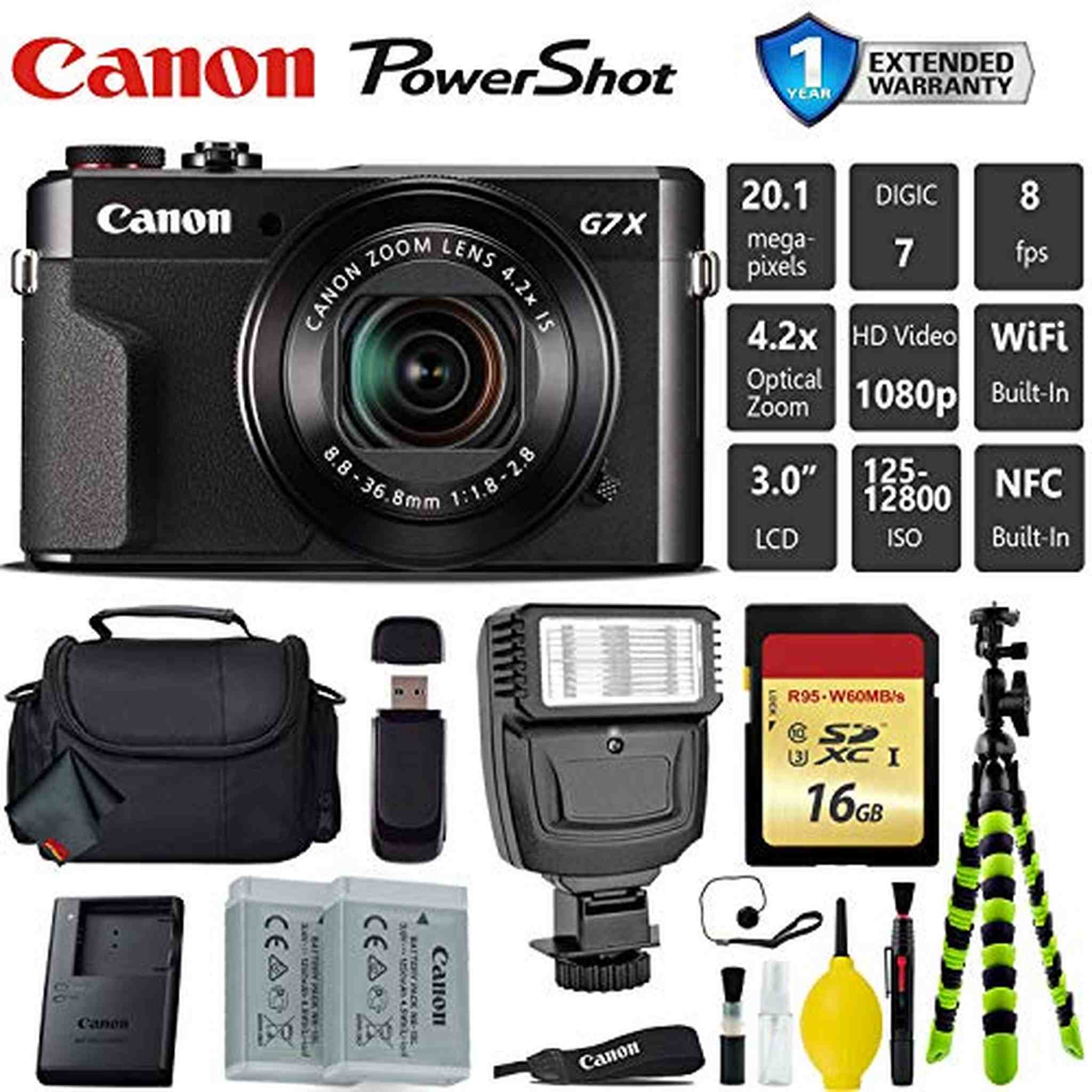 Canon PowerShot G7 X Mark II Point and Shoot Digital Camera + Extra Battery + Digital Flash + Camera Case + 16GB Class 1 Card Base Bundle Canon