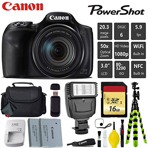 Canon PowerShot SX540 HS Digital Point and Shoot 20MP Camera + Extra Battery + Digital Flash + Camera Case + 16GB Class Card Starter Bundle Canon