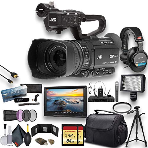 JVC GY-HM250 UHD 4K Streaming Camcorder W/ 2 X 64GB Memory Card, Tripod, Rode Mic, External Monitor, Sony Pro Headphones, Case, LED Light, and More Premium Bundle JVC