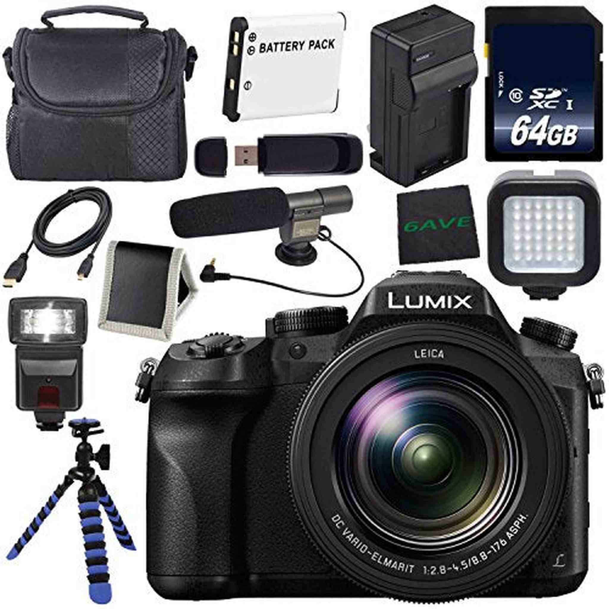 Panasonic Lumix DMC-FZ2500 Digital Camera International Model + Lithium Ion Battery + Charger + 64GB Memory Card + Tri Panasonic