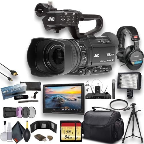 JVC GY-HM250 UHD 4K Streaming Camcorder W/ 2 X 64GB Memory Card, Tripod, Rode Mic, External Monitor, Sony Pro Headphones, Case, LED Light, and More Premium Bundle JVC