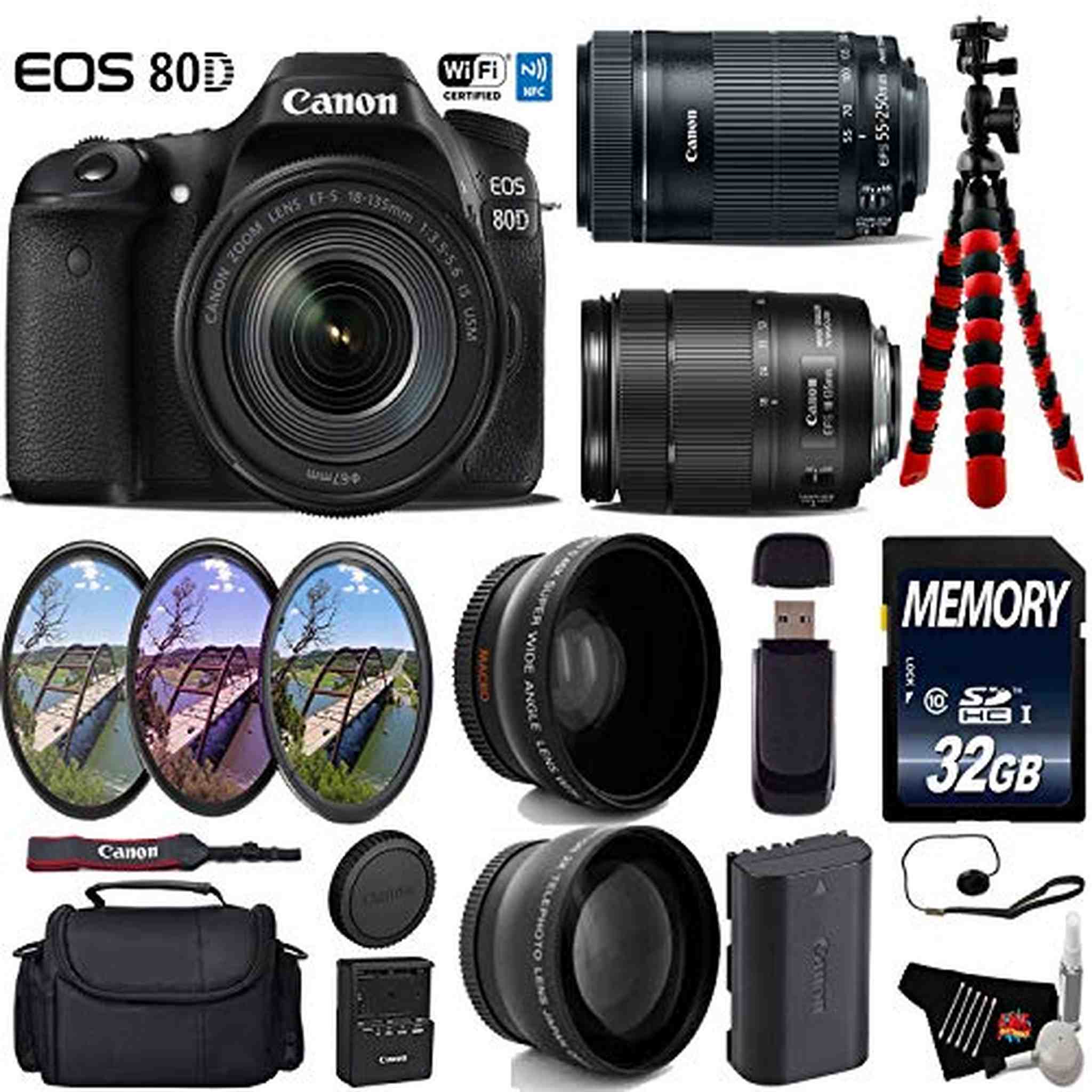 Canon EOS 80D DSLR Camera with 18-135mm is STM Lens & 55-250mm is STM Lens + UV FLD CPL Filter Kit Deluxe Bundle Canon