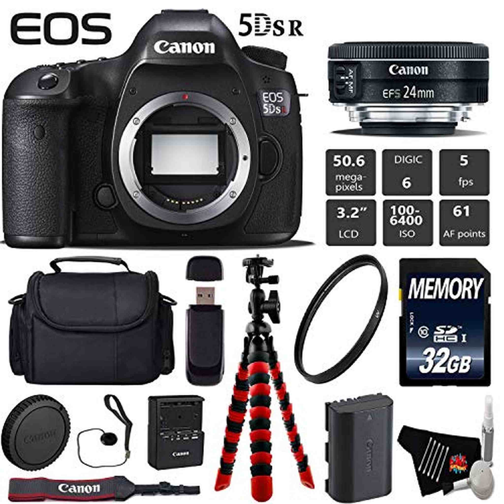 Canon EOS 5DS R DSLR Camera with 24mm f/2.8 STM Lens + Wireless Remote + UV Protection Filter + Case + Wrist Strap Starter Bundle Canon