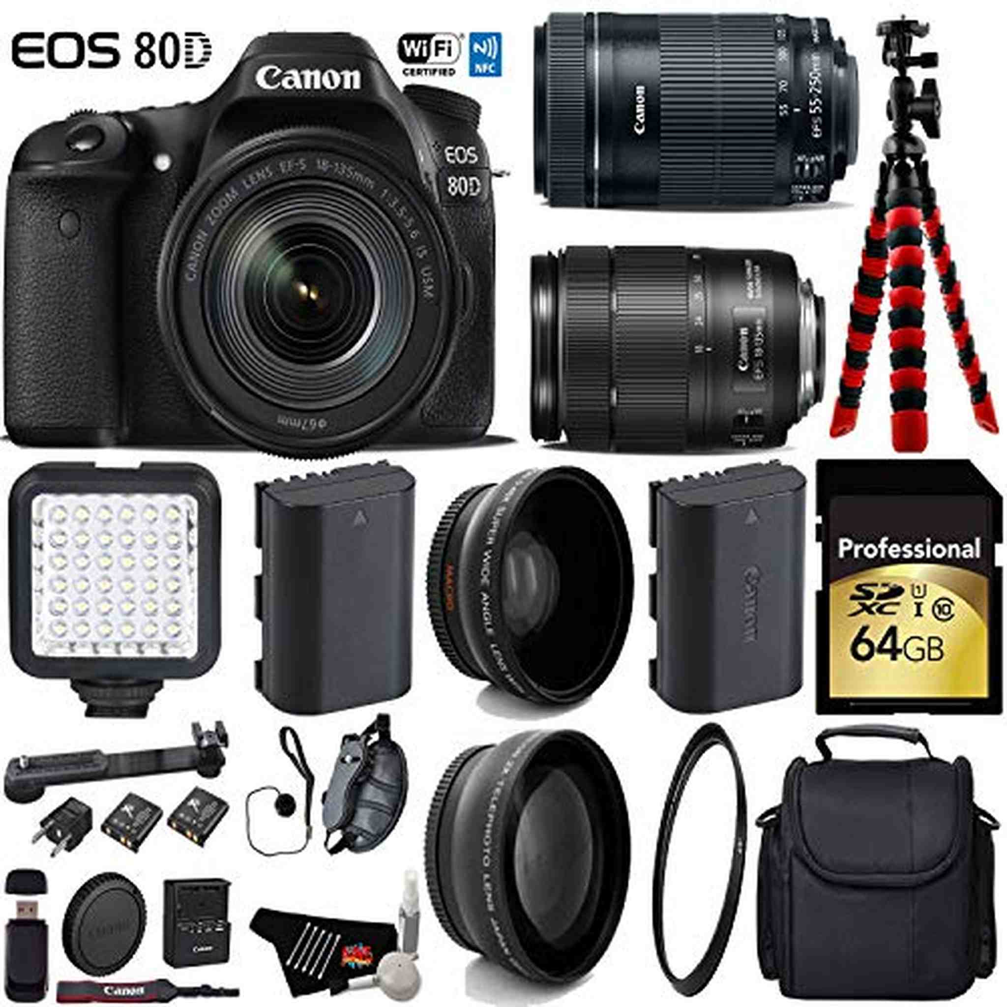 Canon EOS 80D DSLR Camera with 18-135mm STM Lens & 55-250mm is STM Lens + LED + UV FLD CPL Filter Kit Ultimate Bundle Canon