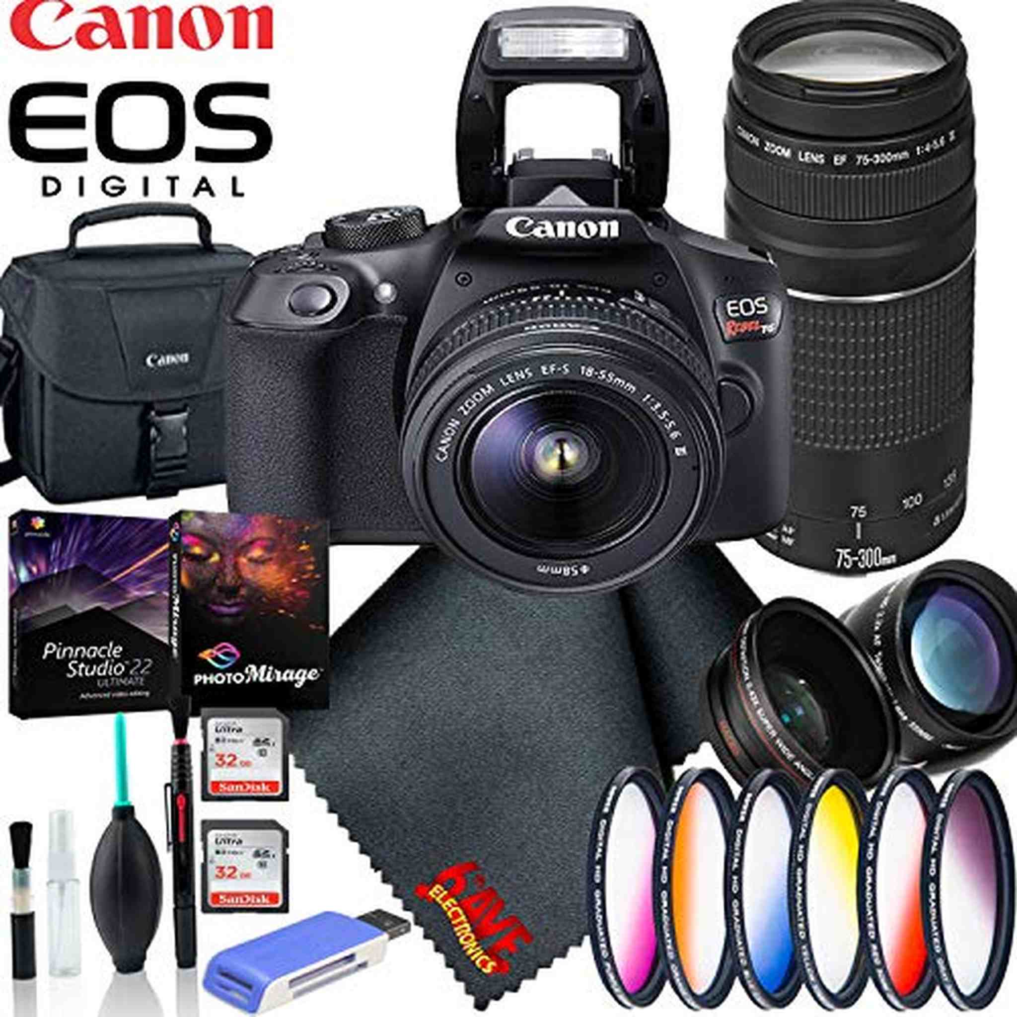 Canon EOS Rebel T6 18-55 DC III Kit + Canon EF 75-300 4.0-5.6 III + Corel Pinnacle Studio + 2X SanDisk 32GB + More Canon