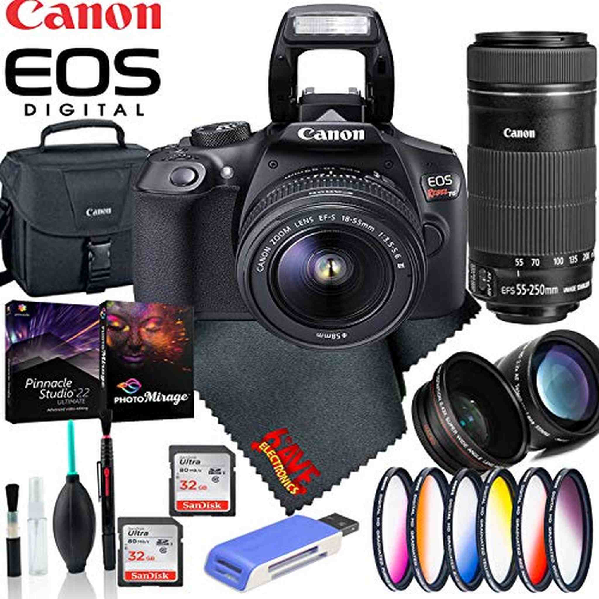 Canon EOS Rebel T6 18-55 DC III Kit- Canon 55-250 F/4-5.6 is STM 2Pcs SanDisk 32GB SD Graphic Bundle Canon