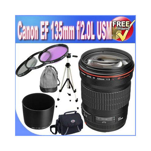 Canon EF 135mm f/2L USM Lens for Canon SLR Cameras + 72mm 3 Piece Professional Filter Kit + Professional Full Size Tripod + Shock Proof Deluxe SLR Case + Lens & Camera Cleaning Kit!!! Canon