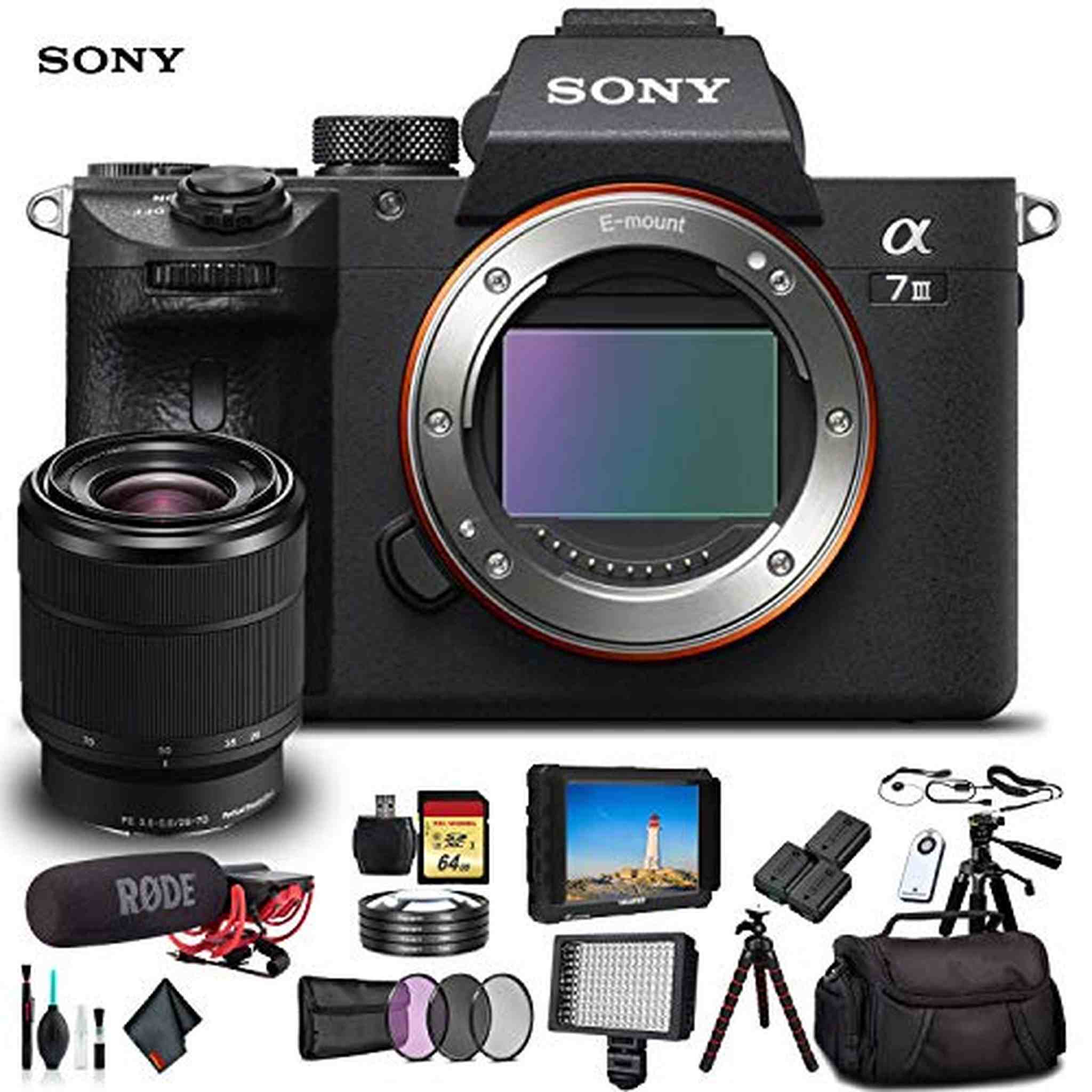 Sony Alpha a7 III Mirrorless Camera with 28-70mm Lens With Soft Bag, 2x Extra Batteries, Rode Mic, LED Light, External Monitor, 2x 64GB Memory Card, Sling Soft Bag, , Plus Essential Accessories Sony