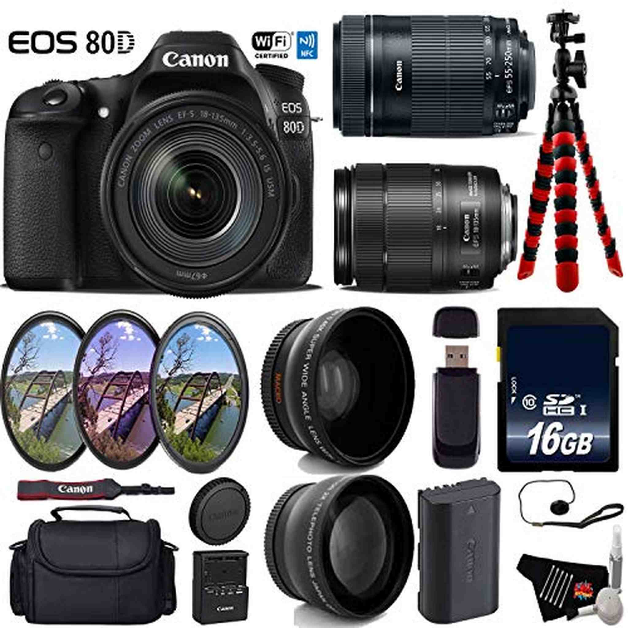 Canon EOS 80D DSLR Camera with 18-135mm is STM Lens & 55-250mm is STM Lens + UV FLD CPL Filter Kit Advanced Bundle Canon