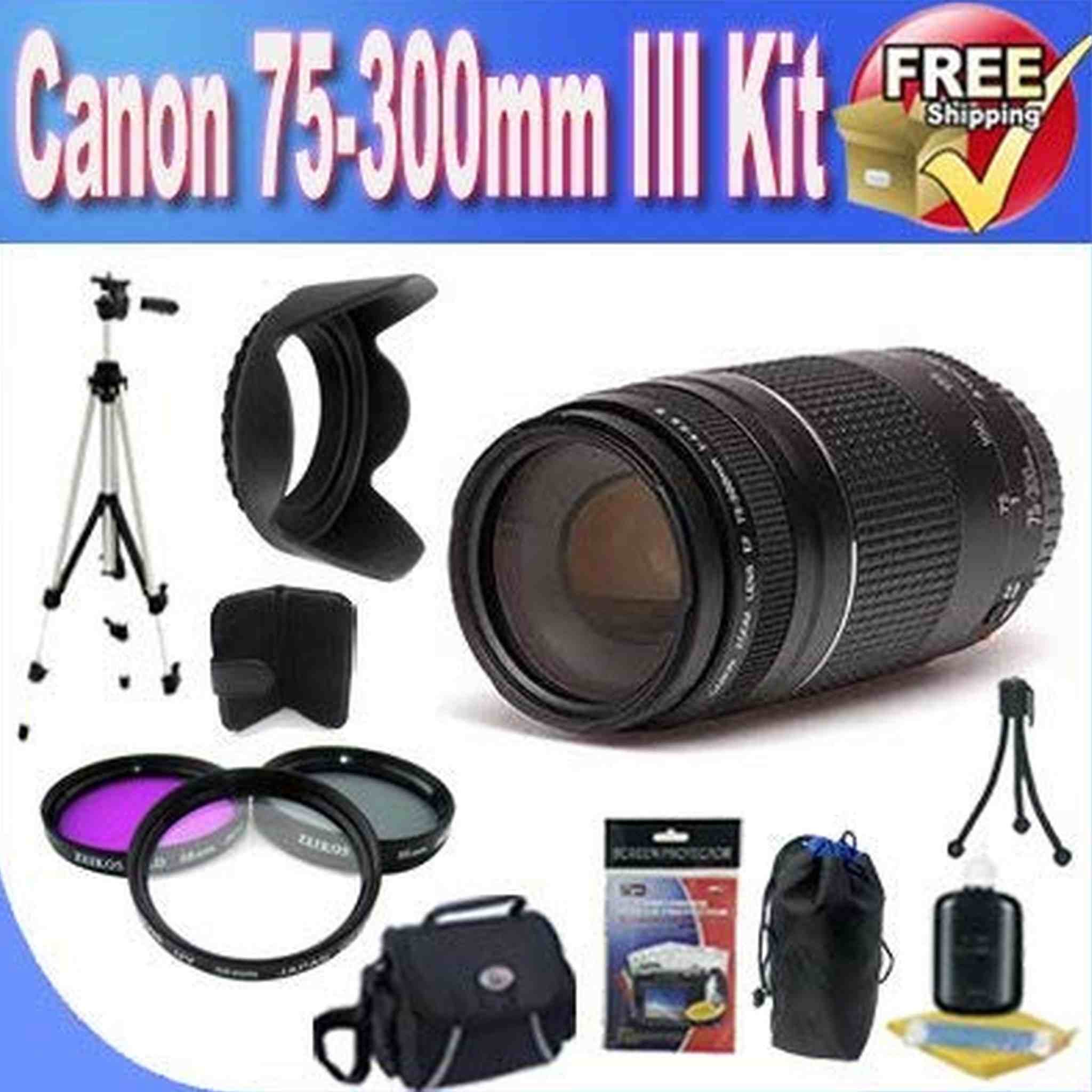 Canon EF 75-300mm f/4-5.6 III Telephoto Zoom Lens for Canon SLR Cameras + 3 Piece Professional Filter Kit + Lens Hood + Bundle Canon