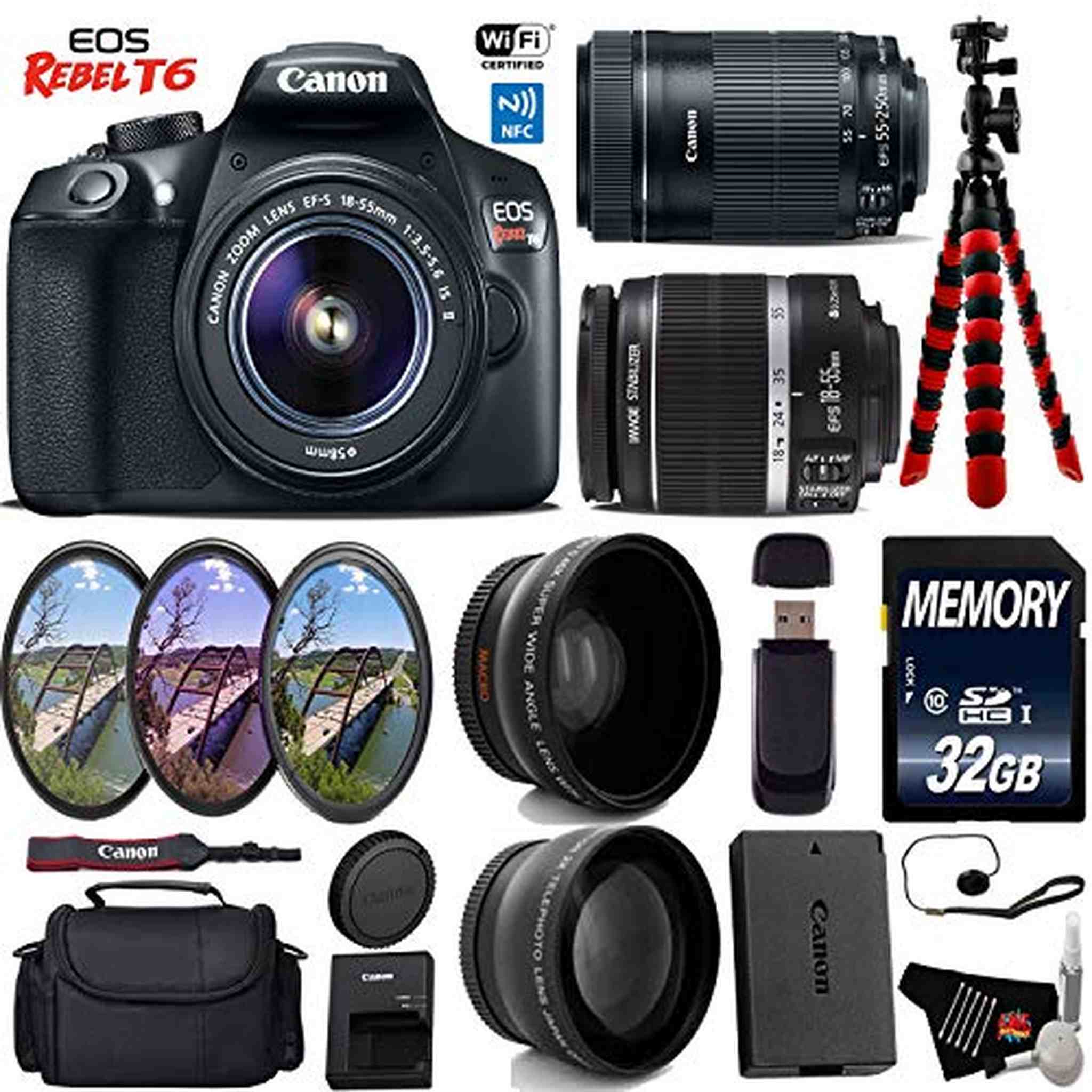 Canon EOS Rebel T6 DSLR Camera with 18-55mm is Lens & 55-250mm is STM Lens + UV FLD CPL Filter Kit Starter Bundle Canon