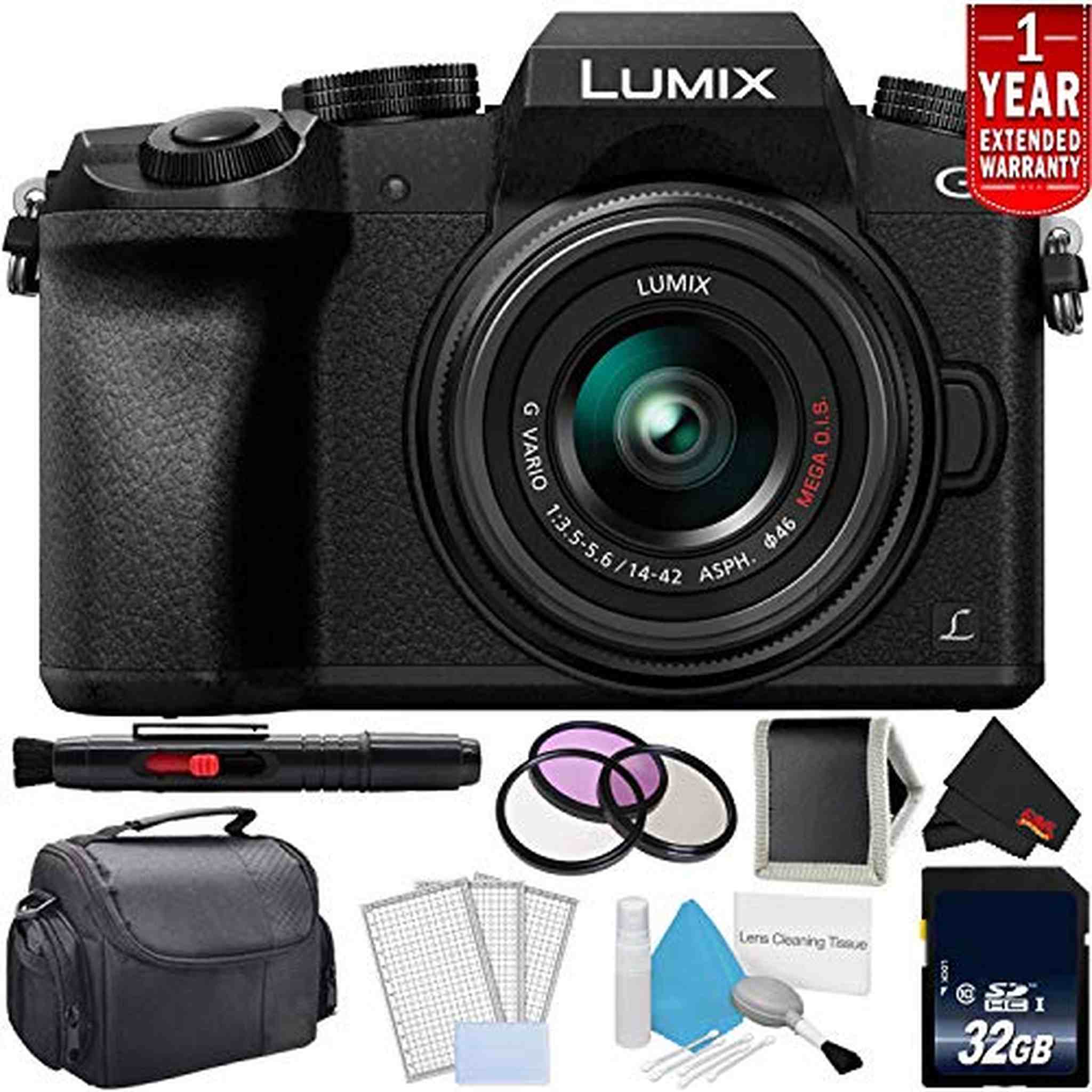 Panasonic Lumix DMC-G7 Mirrorless Digital Camera with 14-42mm Lens - Bundle with 1 Year Extended Warranty, 32GB Memory C Panasonic