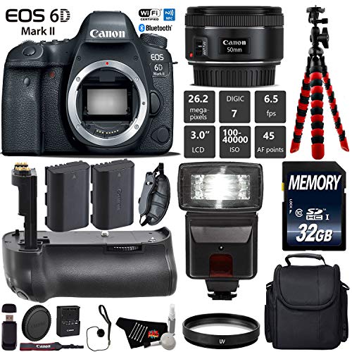 Canon EOS 6D Mark II DSLR Camera With 50mm f/1.8 STM Lens + Professional Battery Grip + UV Protection Filter + Flash Starter Bundle Canon