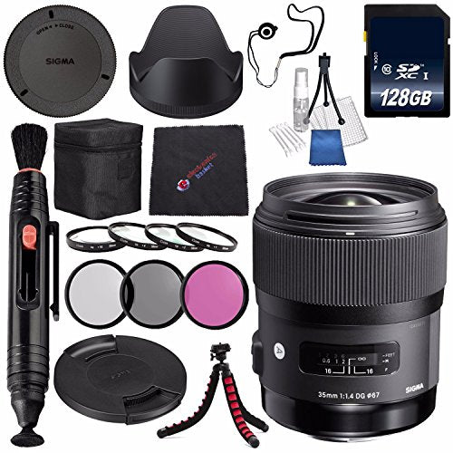 Sigma 35mm f/1.4 DG HSM Art Lens for Canon DSLR Cameras #340101 + 67mm 3 Piece Filter Kit + 128GB SDXC Memory Card + Lens Pen Cleaner Bundle Sigma