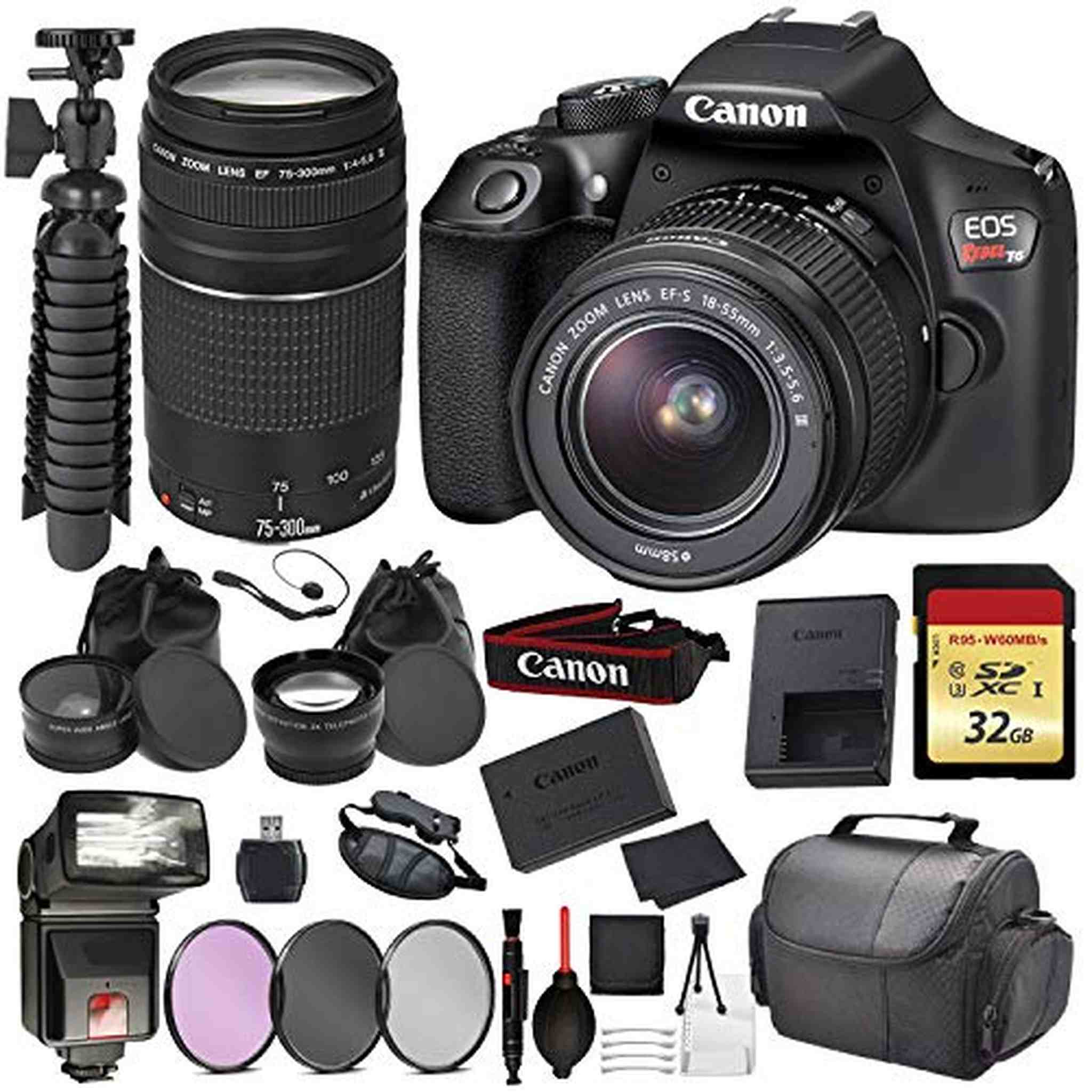 Canon EOS Rebel T6 Digital SLR Camera with EF-S 18-55mm + EF 75-300mm Black Essential Accessory Bundle Package Deal In Canon