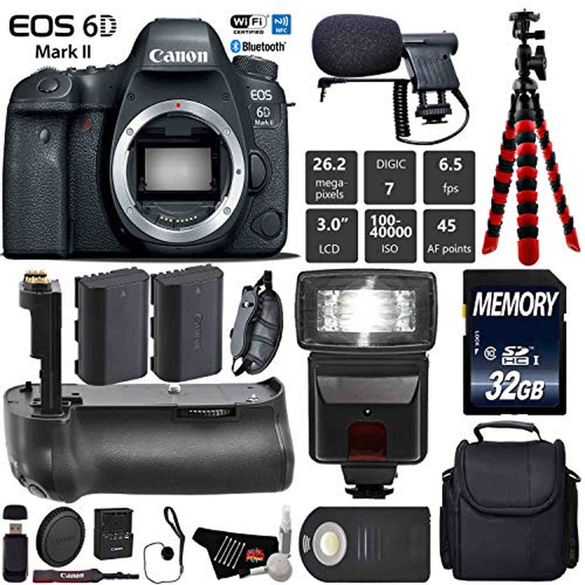 Canon EOS 6D Mark II DSLR Camera Body Only + Professional Battery Grip + Condenser Microphone + Flash + Extra Battery Starter Bundle Canon