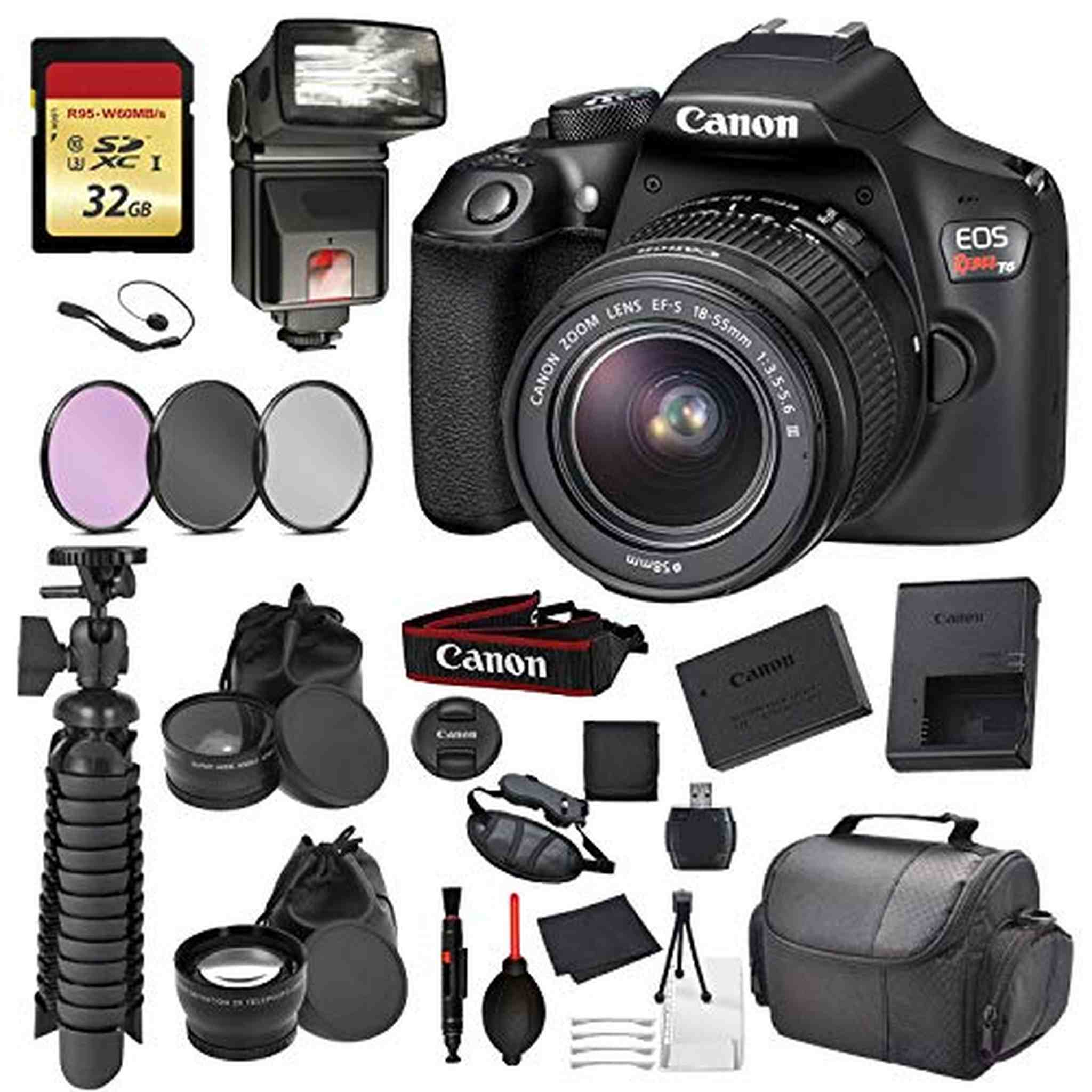 Canon EOS Rebel T6 Digital SLR Camera with EF-S 18-55mm f/3.5-5.6 DC III Lens Kit Black Essential Accessory Bundle Pac Canon