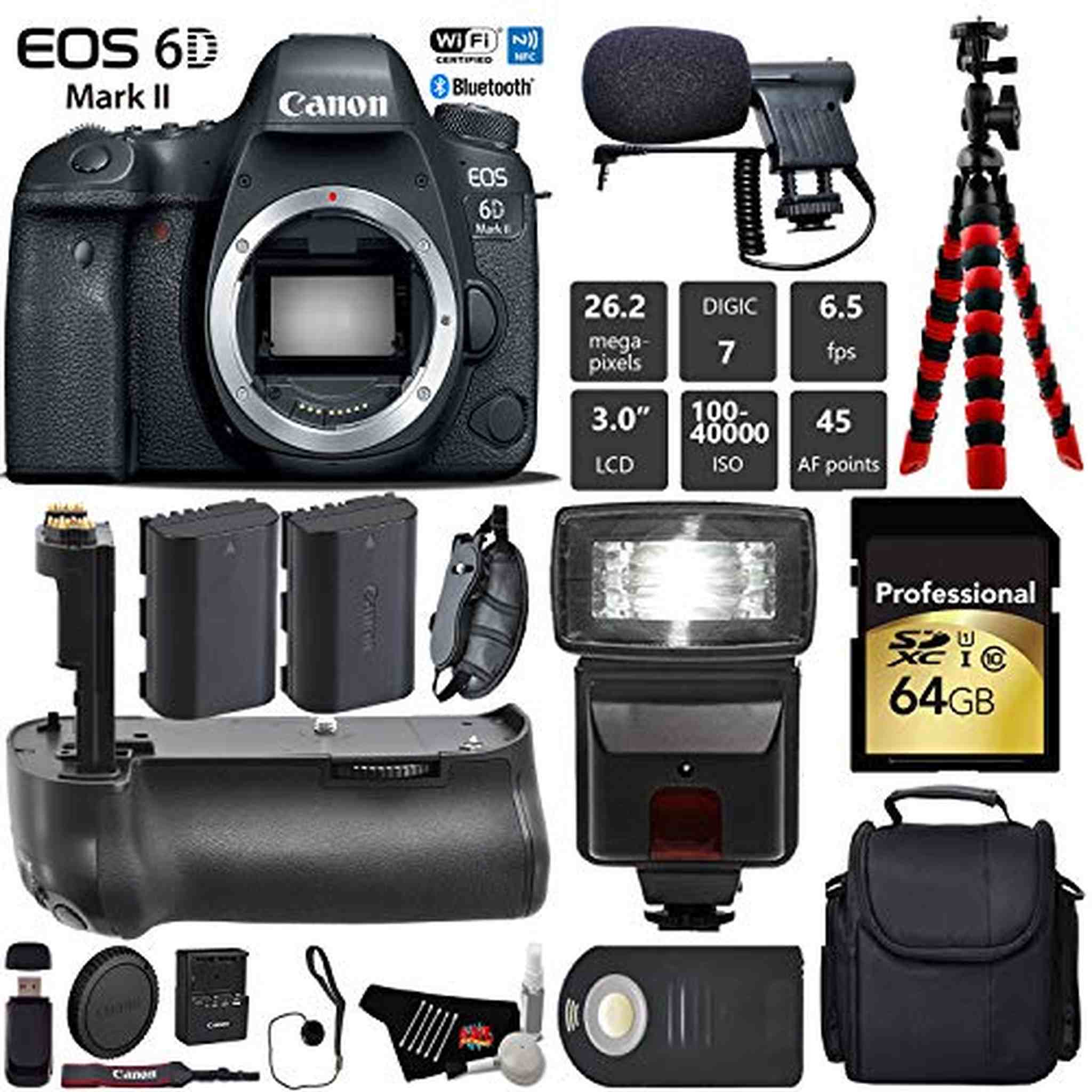 Canon EOS 6D Mark II DSLR Camera Body Only + Professional Battery Grip + Condenser Microphone + Flash + Extra Battery Pro Bundle Canon