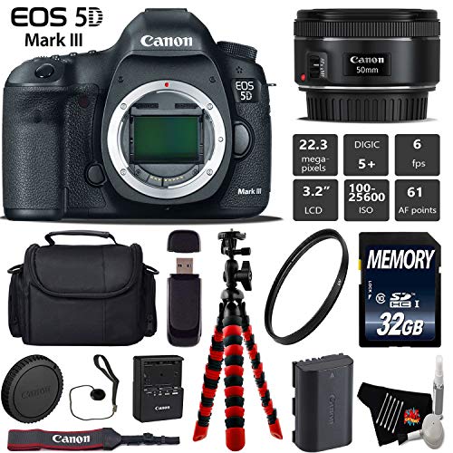 Canon EOS 5D Mark III DSLR Camera with 50mm f/1.8 STM Lens + Wireless Remote + UV Protection Filter + Case + Wrist Strap Starter Bundle Canon