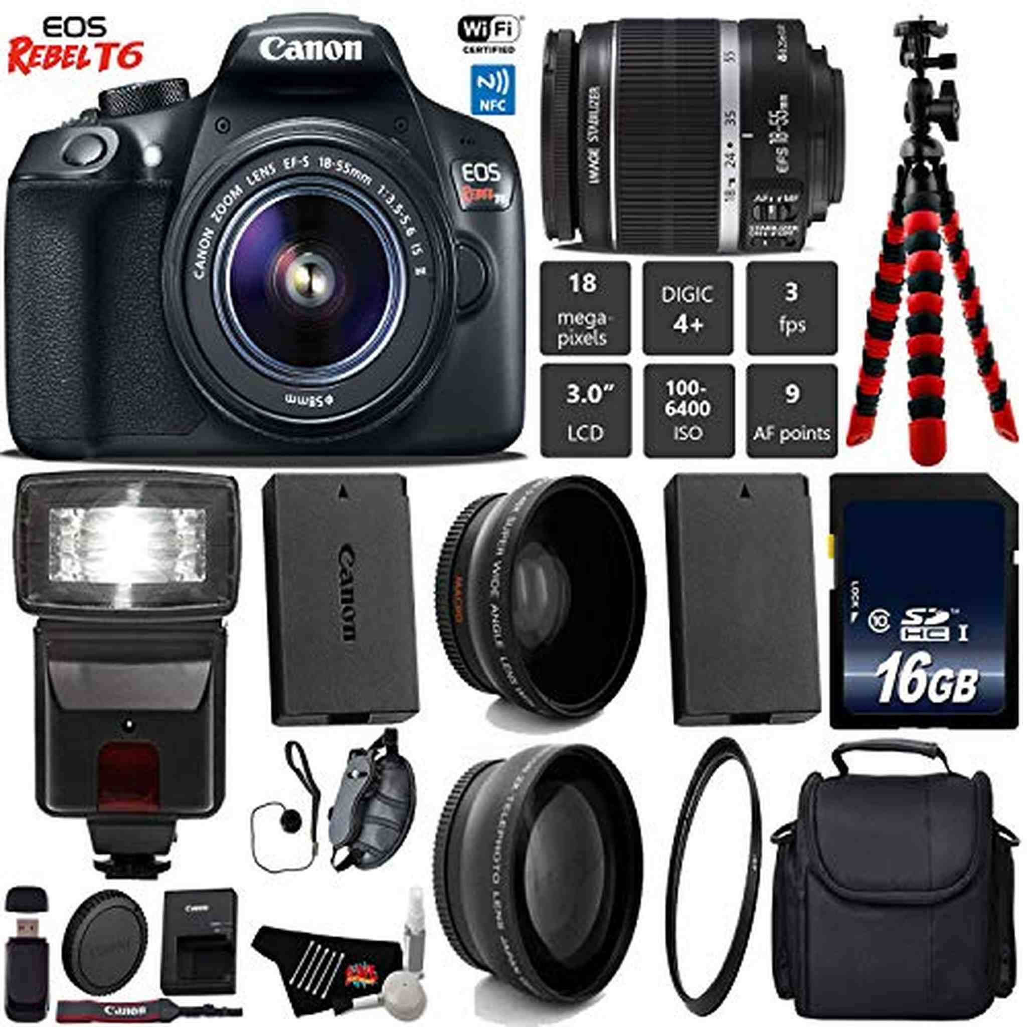 Canon EOS Rebel T6 DSLR Camera 18-55mm is II Lens + Flash + UV FLD CPL Filter Kit + Wide Angle & Telephoto Lens + Camera Base Bundle Canon