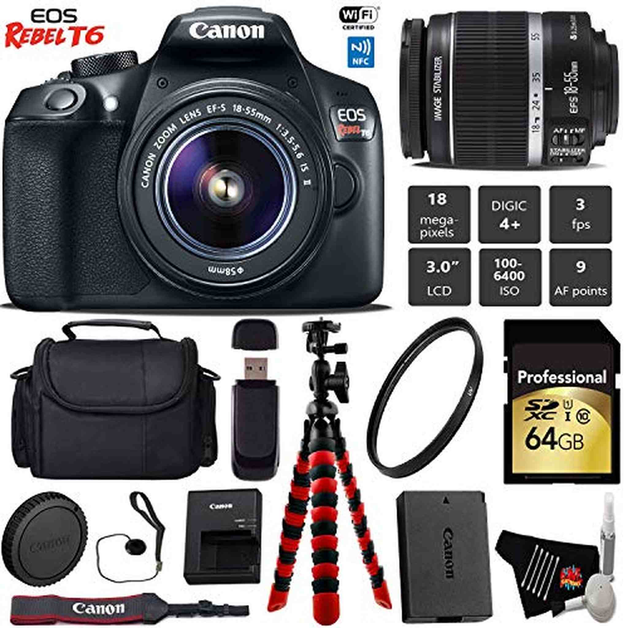 Canon EOS Rebel T6 DSLR Camera with 18-55mm is II Lens + Flexible Tripod + UV Protection Filter + Professional Case + Ca Canon