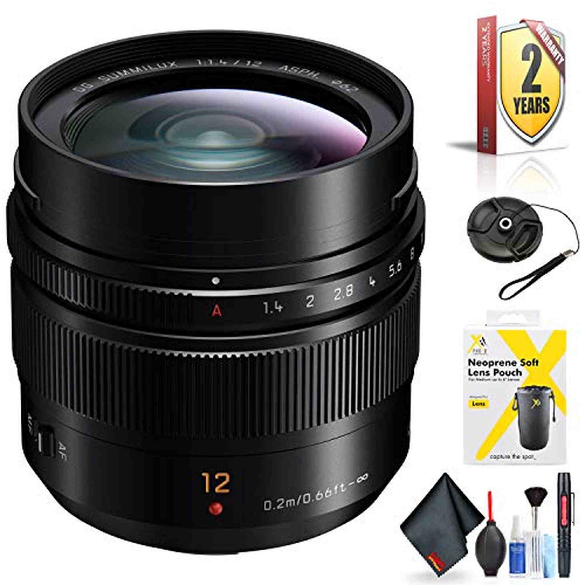 Panasonic Leica DG Summilux 12mm f/1.4 ASPH. Lens for Micro Four Thirds Mount + Accessories International Model with 2 Panasonic