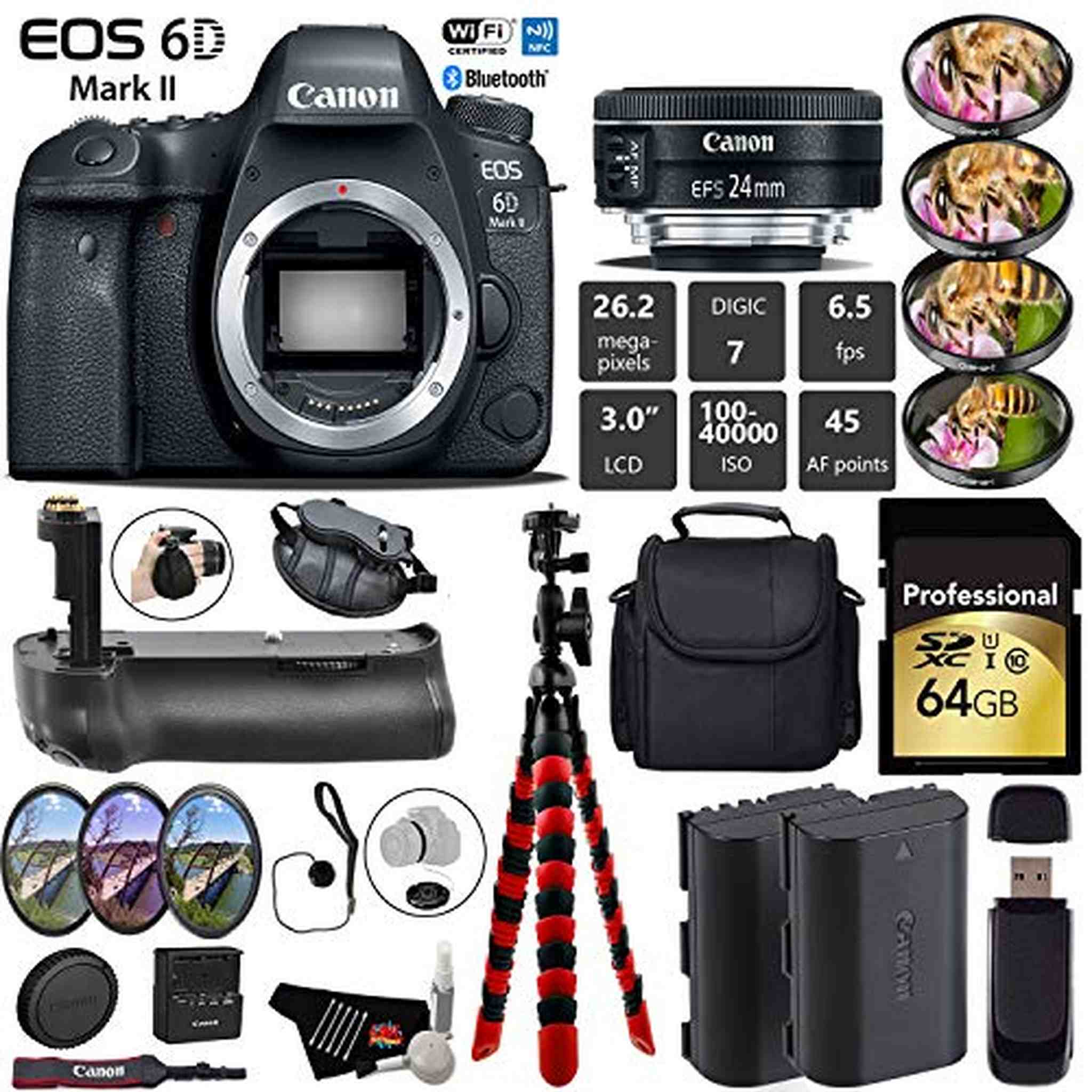 Canon EOS 6D Mark II DSLR Camera With 24mm 2.8 STM Lens + Professional Battery Grip + 4PC Macro Filter Kit + LED Kit Starter Bundle Canon