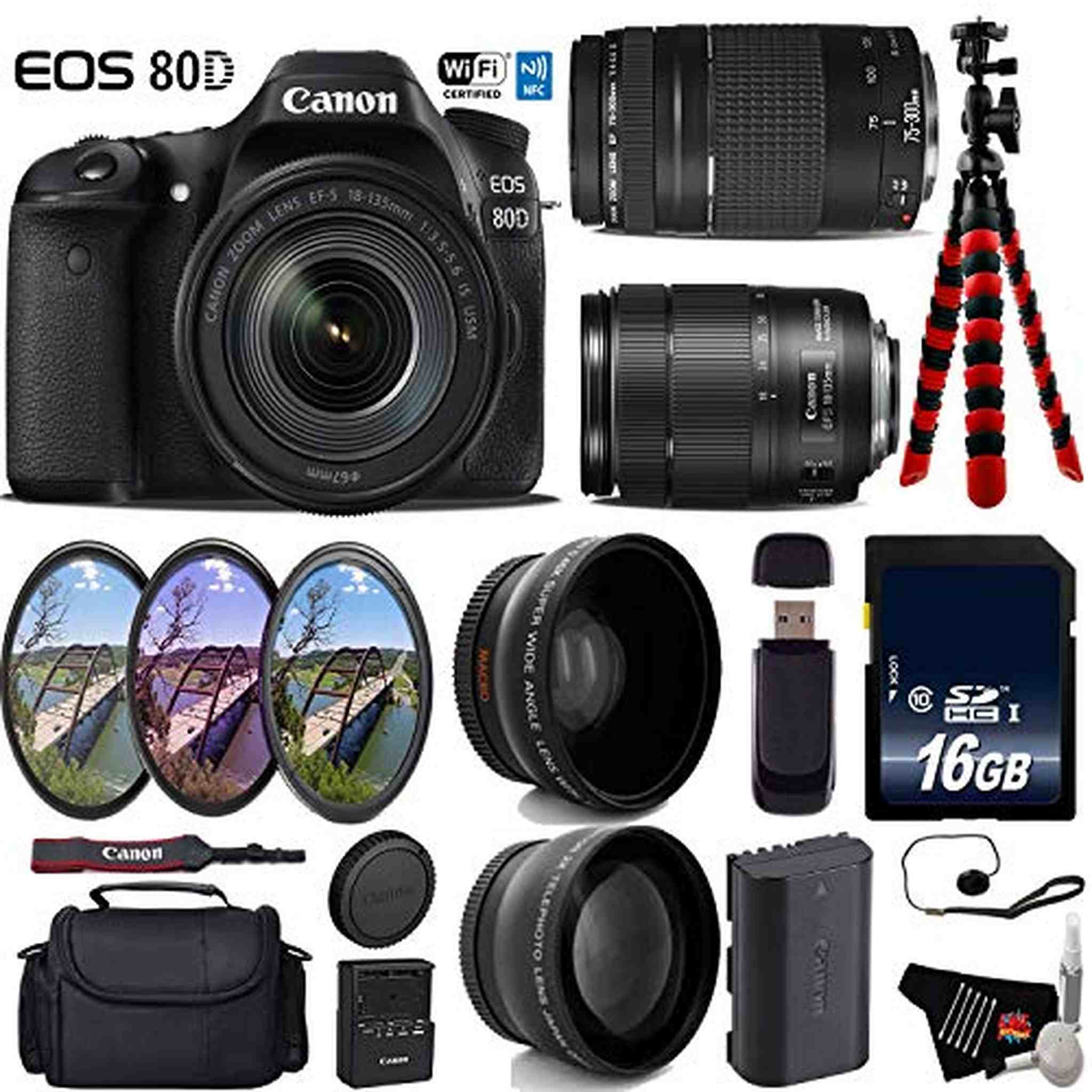 Canon EOS 80D DSLR Camera with 18-135mm is STM Lens & 75-300mm III Lens + UV FLD CPL Filter Kit Advanced Bundle Canon