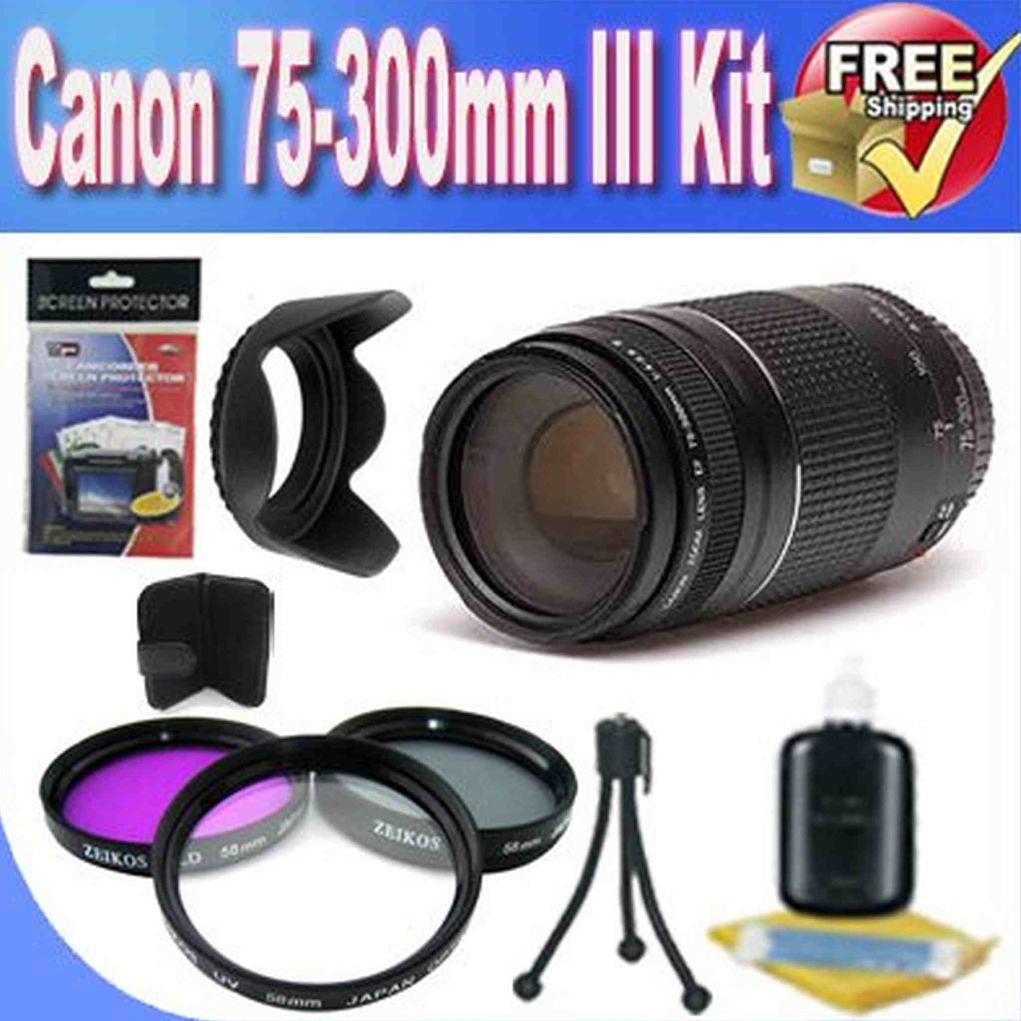 Canon EF 75-300mm f/4-5.6 III Telephoto Zoom Lens for Canon SLR Cameras + 3 Piece Professional Filter Kit + Lens Hood + Accessory Saver Bundle Canon