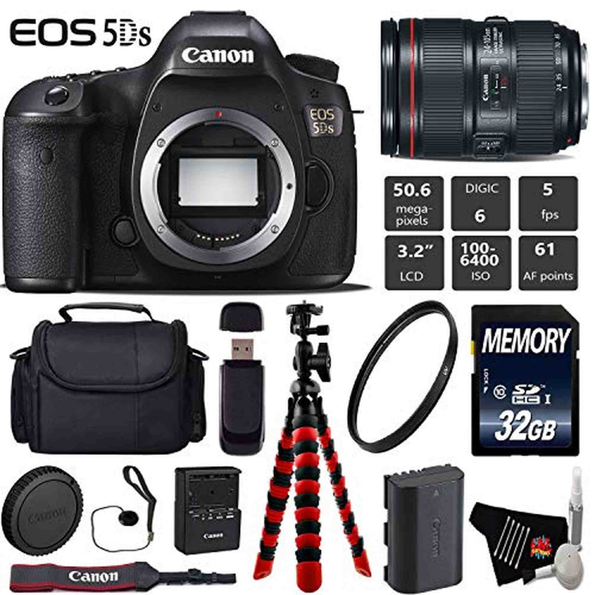 Canon EOS 5DS DSLR Camera with 24-105mm f/4L II Lens + Wireless Remote + UV Protection Filter + Case + Wrist Strap + Tri Canon