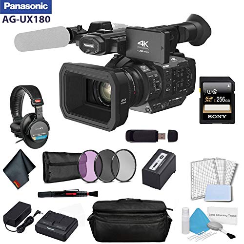 Panasonic AG-UX180 4K Premium Professional Camcorder Bundle with Sony MDR-7506 Headphones + Sony 256GB SDXC Memory Card Panasonic