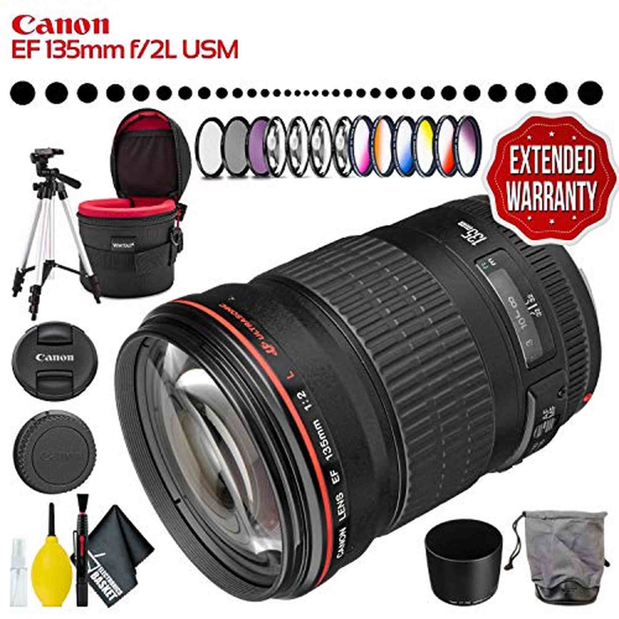 Canon EF 135mm f/2L USM Lens Intl Model with Filter Kit, Lens Case, Tripod, Cleaning Kit and Extended Warranty Canon