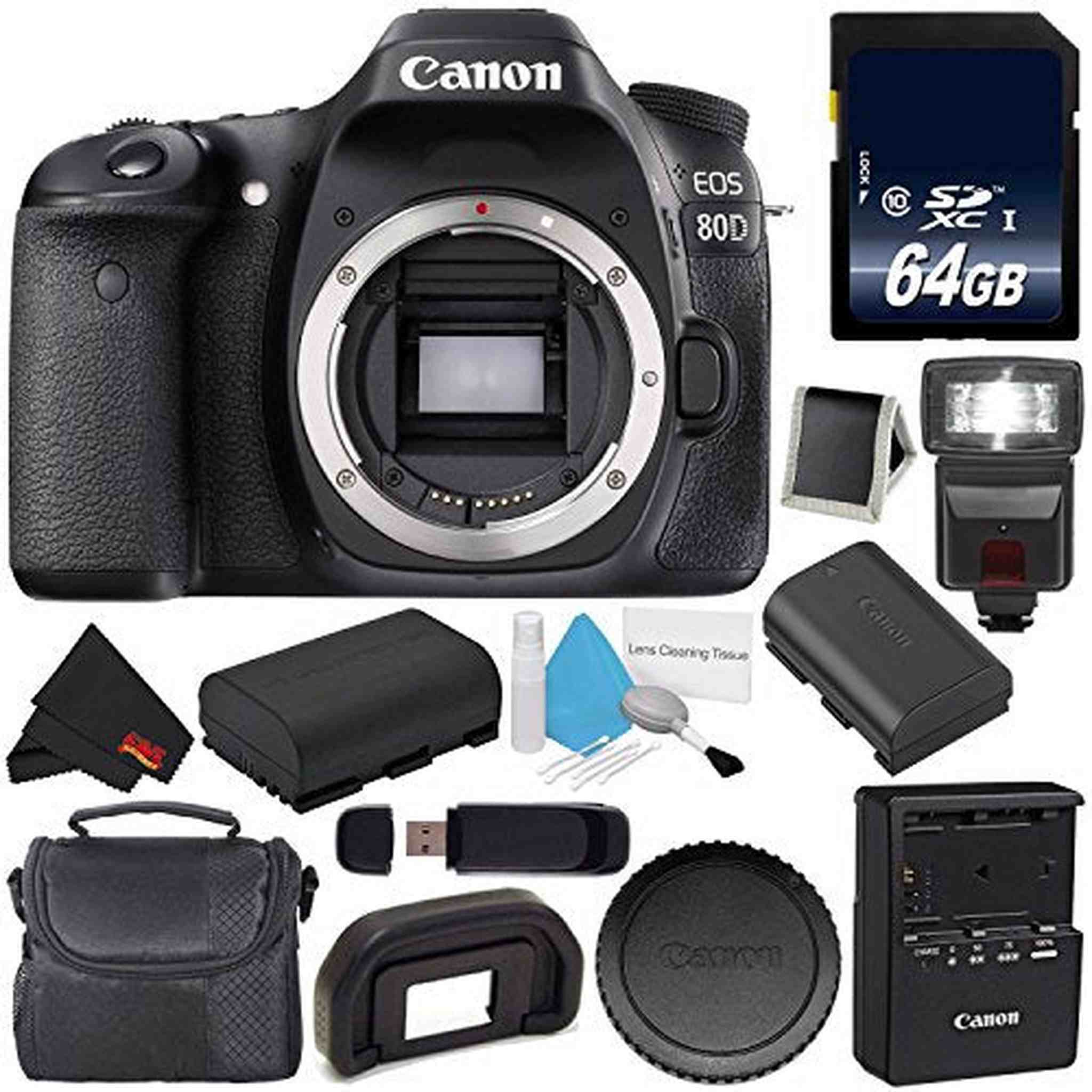 Canon EOS 80D DSLR Camera Body Only 1263C004 International Version + 64GB Memory Card + LP-E17 Replacement Lithium I Canon