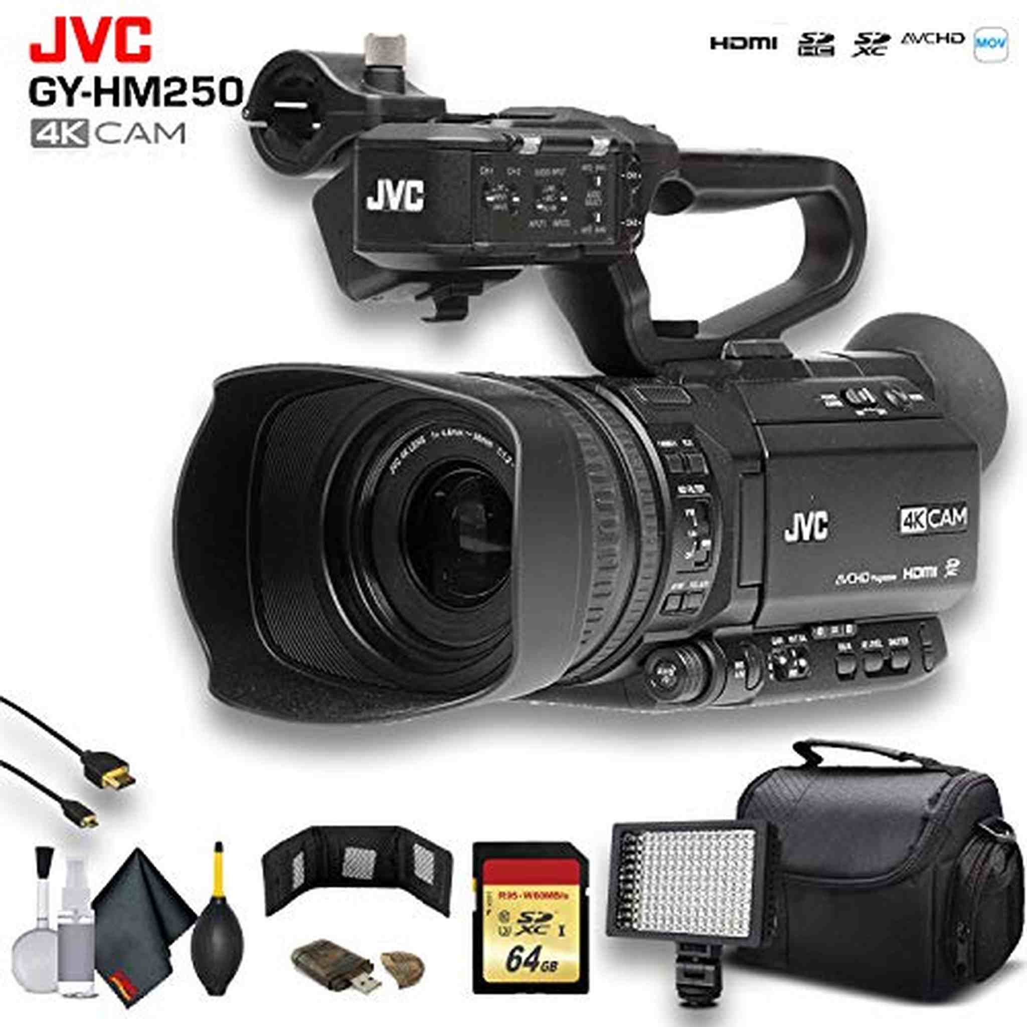 JVC GY-HM250 UHD 4K Streaming Camcorder W/ 64GB Memory Card, HDMI Cable, Case, LED Light, Cleaning Kit and More. Professional Bundle JVC