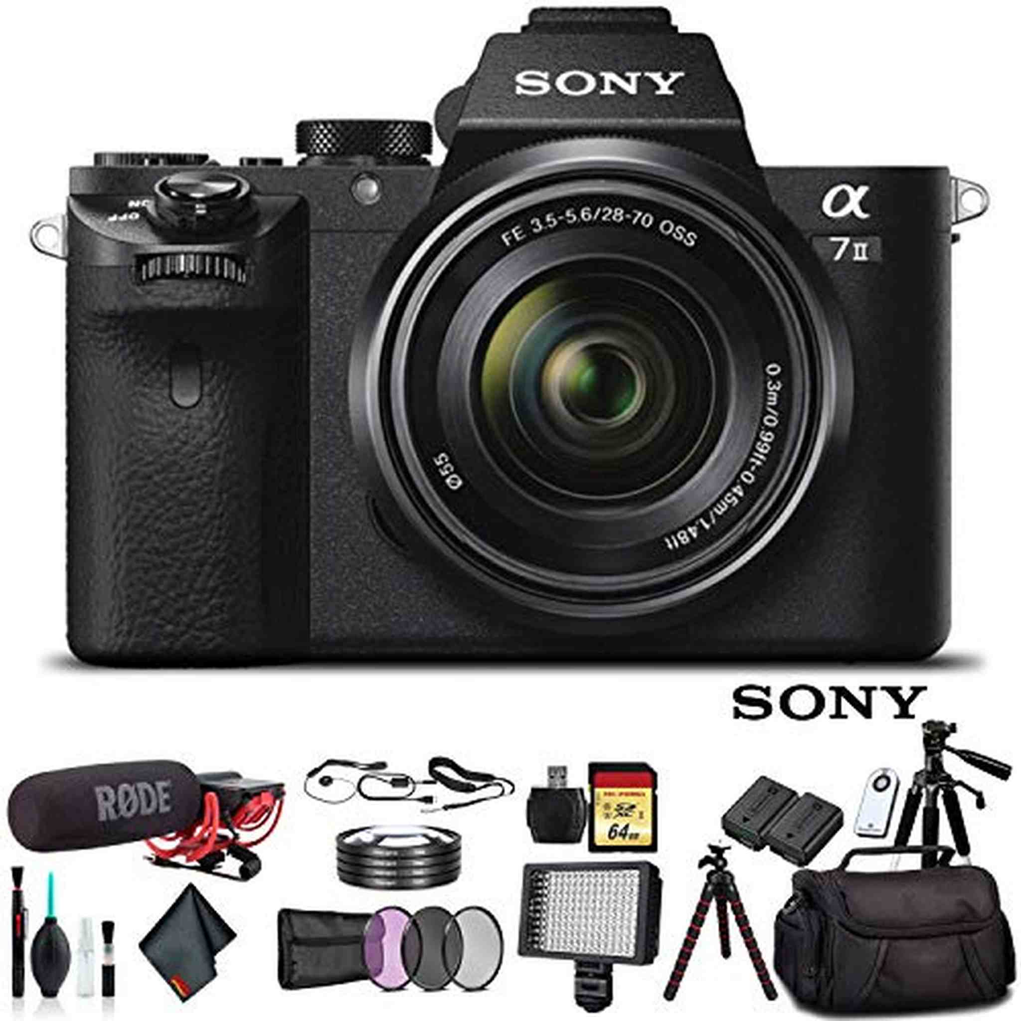 Sony Alpha a7 II Mirrorless Camera with FE 28-70mm f/3.5-5.6 OSS Lens ILCE7M2K/B With Bag, Additional Battery, Rode Mic, LED Light, 64GB Memory Card, Sling Soft Bag, , Plus Essential Accessories Sony