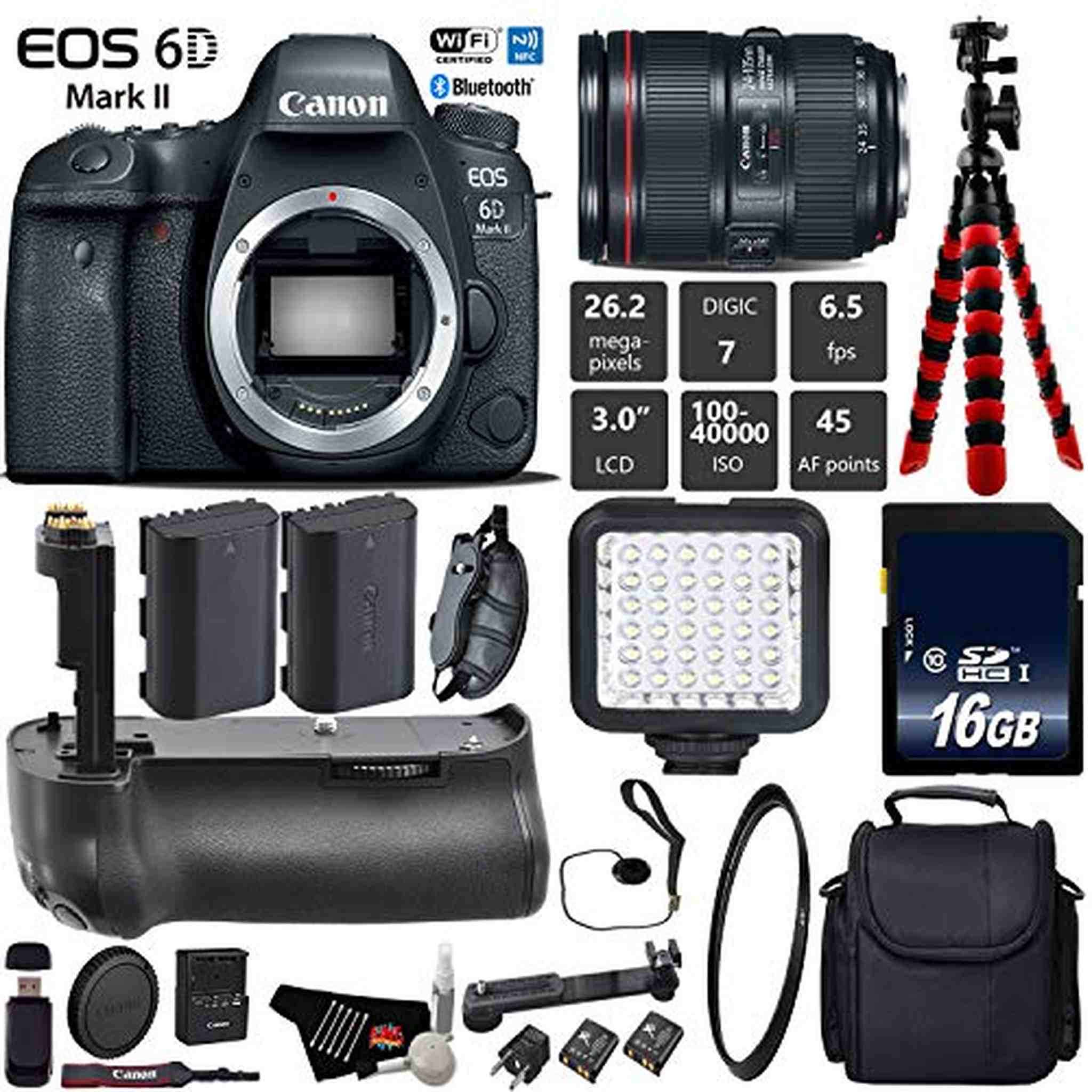 Canon EOS 6D Mark II DSLR Camera with 24-105mm f/4L II Lens + Professional Battery Grip + UV Filter + LED Kit Base Bundle Canon