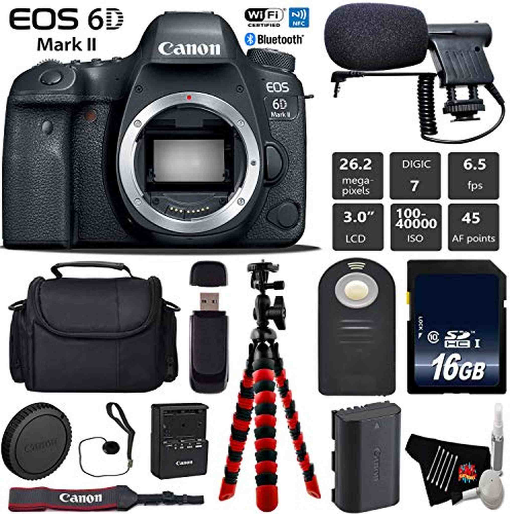 Canon EOS 6D Mark II DSLR Camera Body Only + Wireless Remote + Condenser Microphone + Case + Wrist Strap + Tripod Base Bundle Canon