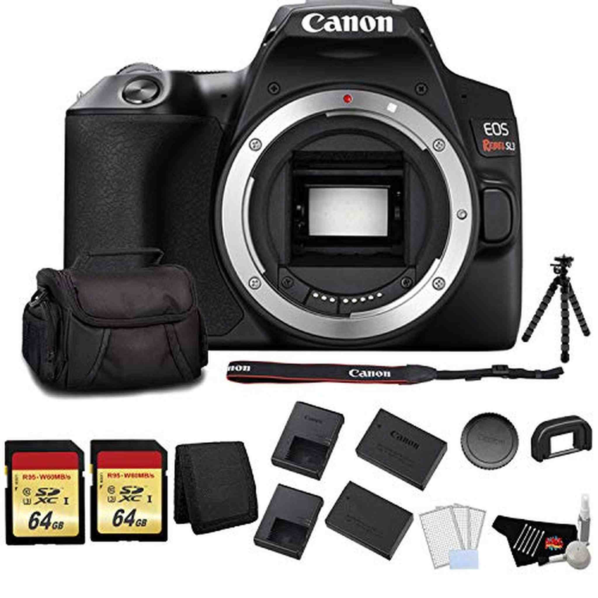 Canon EOS Rebel SL3 DSLR Camera Black, Body Only Bundle with 2x64GB Memory Card + Battery for CanonLPE17 + LCD Screen Canon