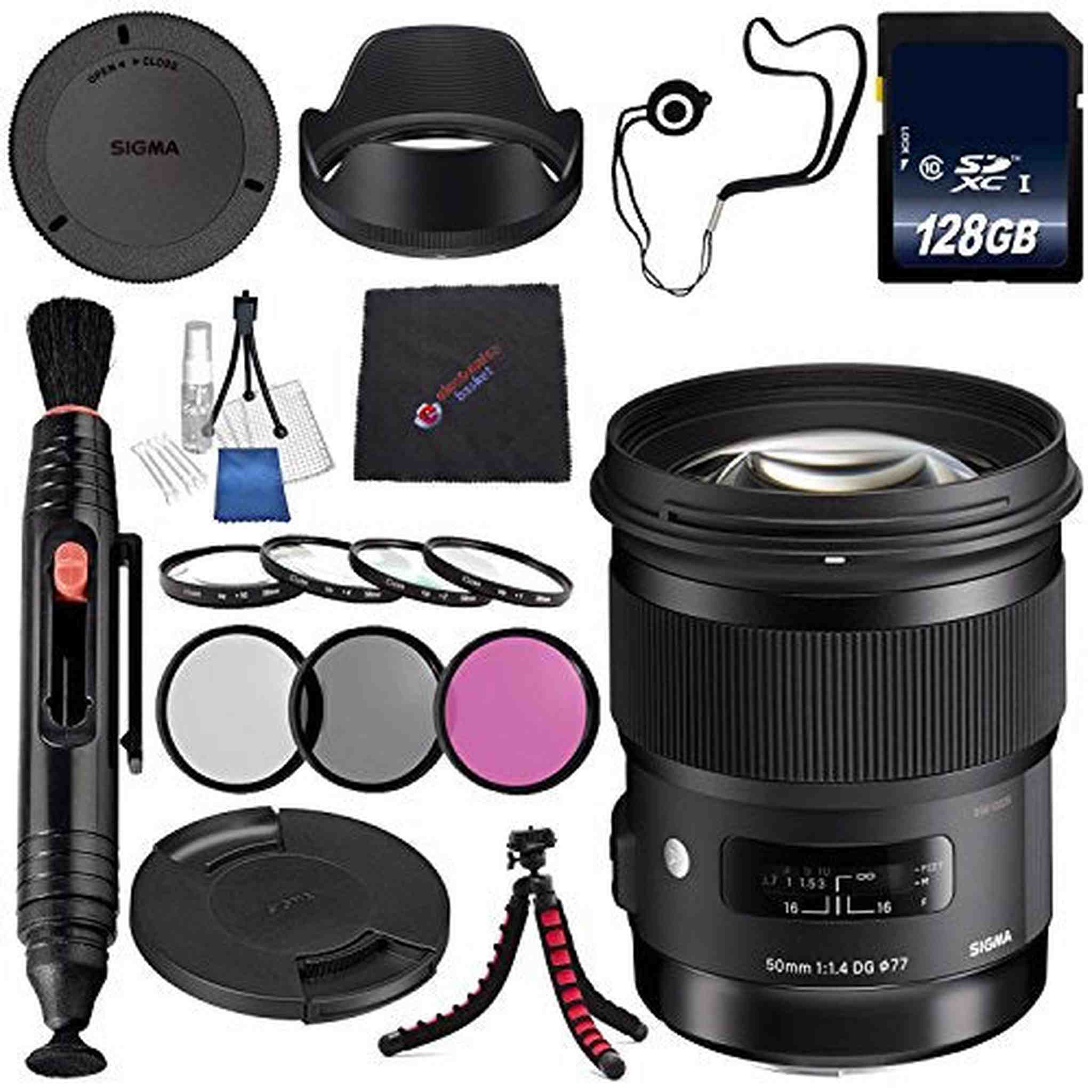 Sigma 50mm f/1.4 DG HSM Art Lens for Nikon F #311306 + 77mm 3 Piece Filter Kit + 128GB SDXC Memory Card + Lens Pen Cleaner + Microfiber Cleaning Cloth + Tripod Bundle International Model No Warranty Sigma