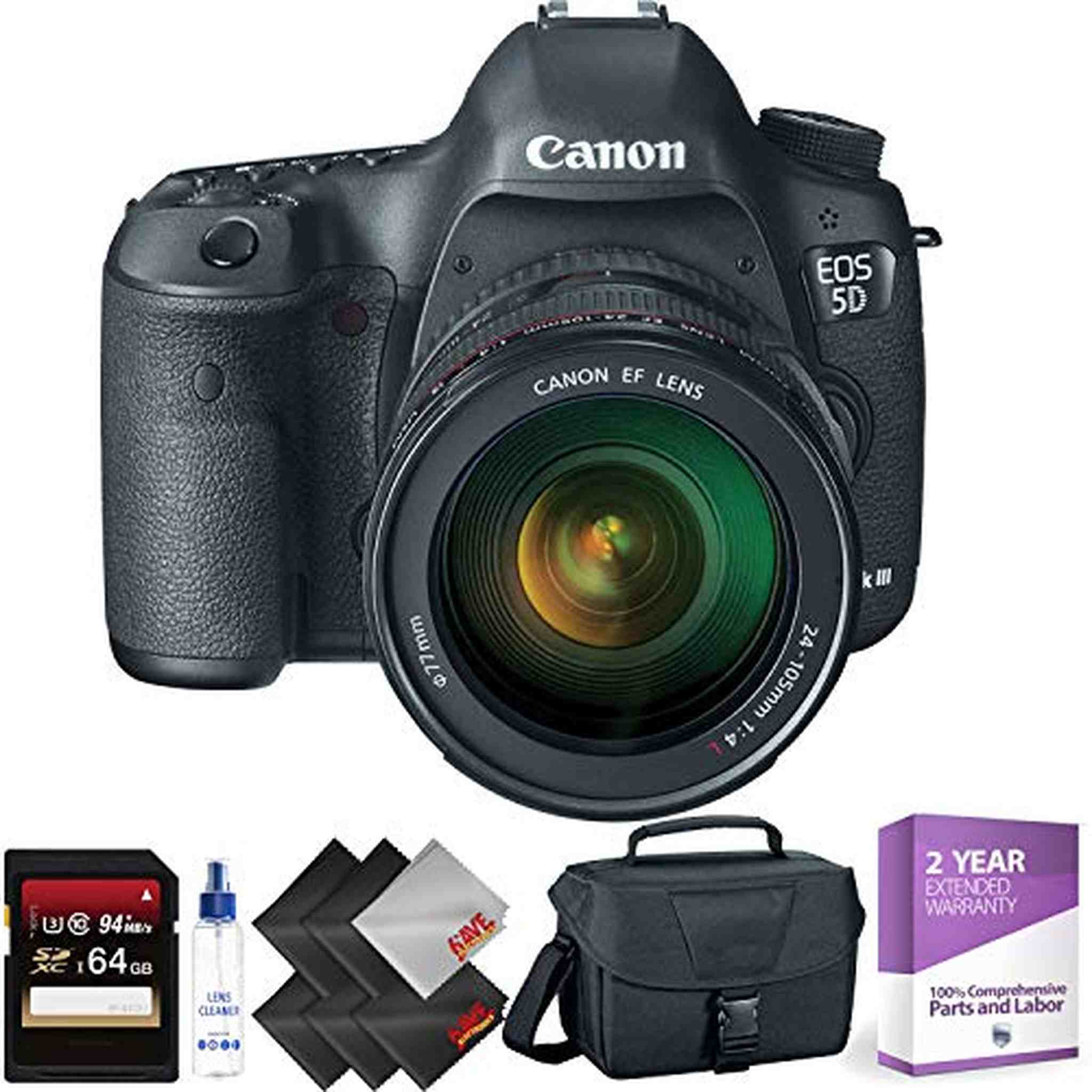 Canon EOS 5D Mark III DSLR Camera with 24-105mm Lens + 64GB Memory Card + 1 Year Warranty Bundle Canon