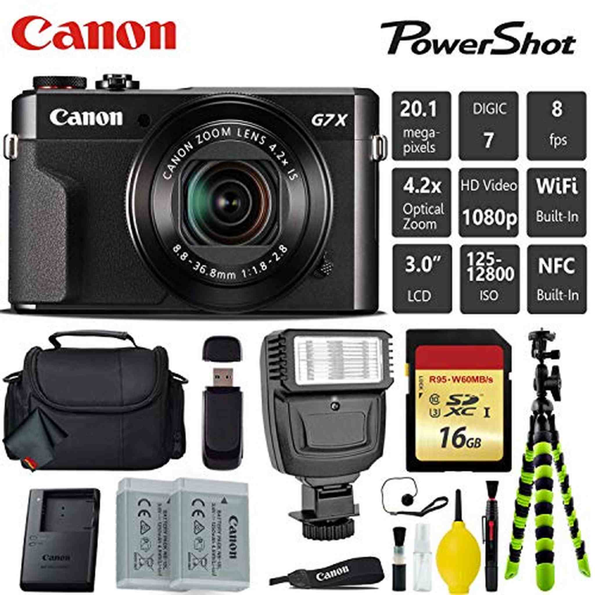 Canon PowerShot G7 X Mark II Point and Shoot Digital Camera + Extra Battery + Digital Flash + Camera Case + 16GB Class 1 Card Bundle Canon