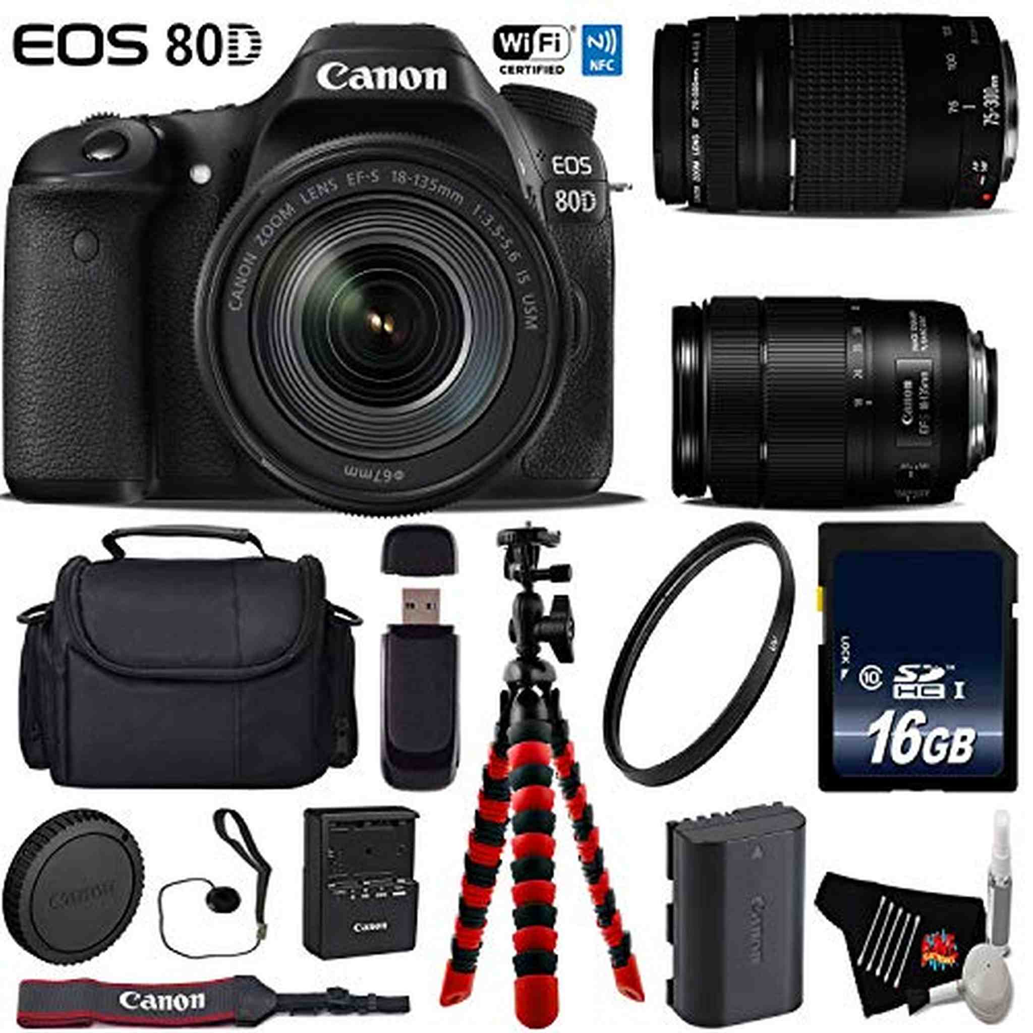 Canon EOS 80D DSLR Camera with 18-135mm is STM Lens & 75-300mm III Lens + Flexible Tripod + UV Protection Filter Ultimate Bundle Canon