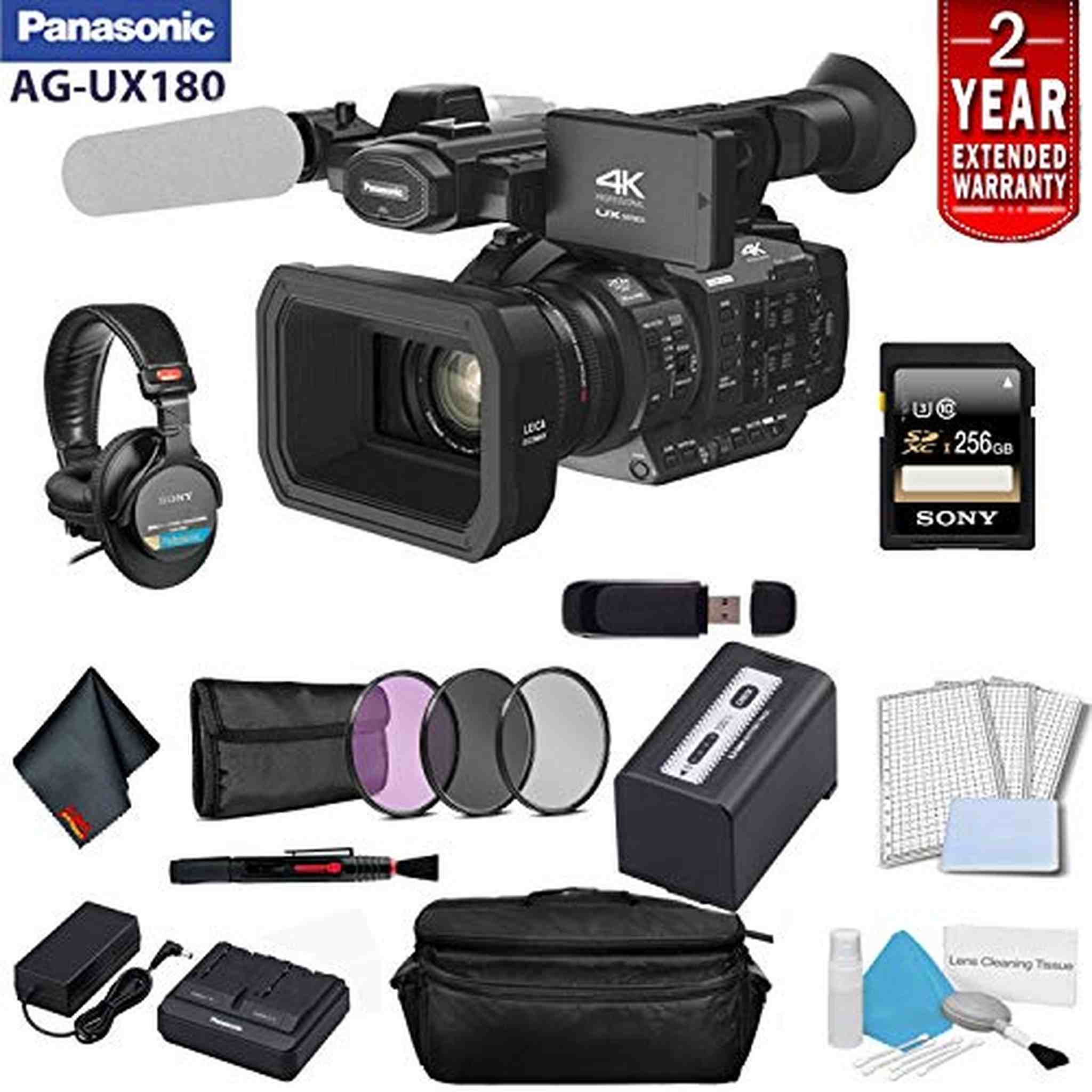 Panasonic AG-UX180 4K Premium Professional Camcorder Bundle with 2 Year Extended Warranty, Sony MDR-7506 Headphones + So Panasonic