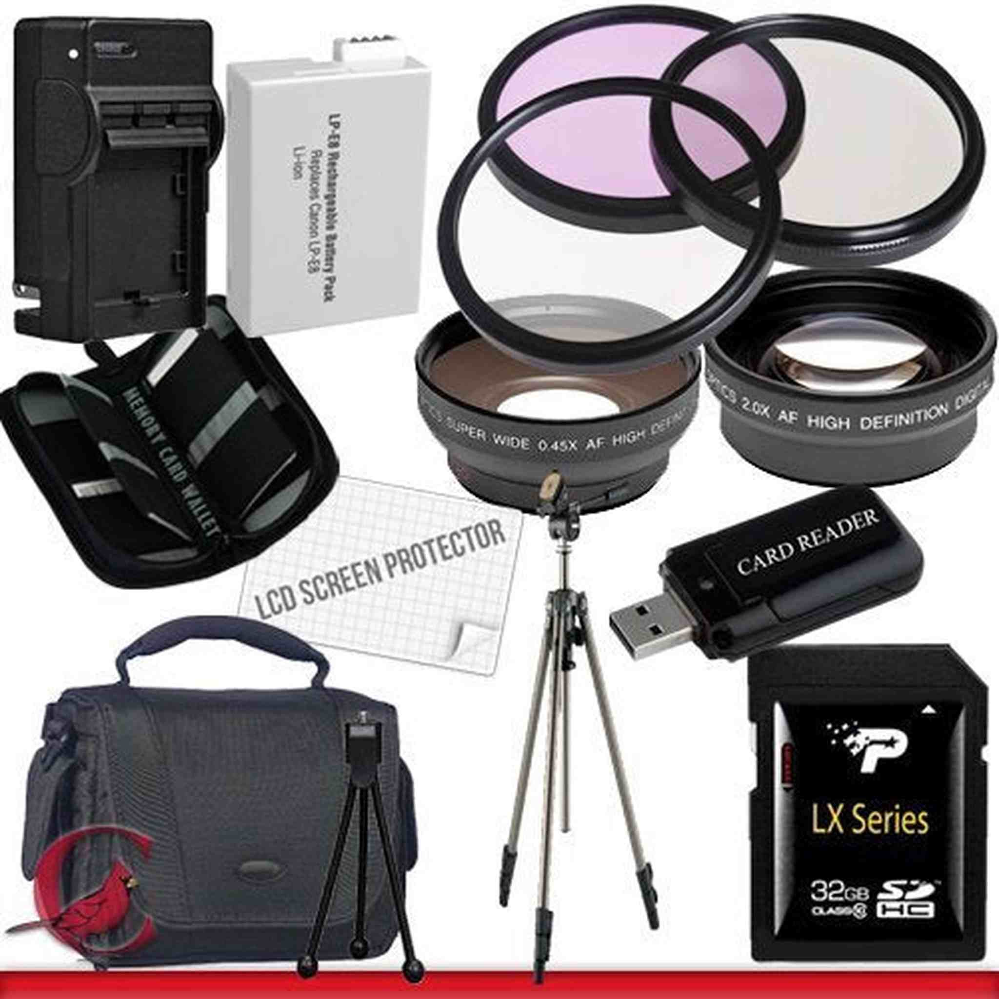 Canon T4i Accessory Saver Kit 58mm Wide Angle Lens + 58mm 2X Telephoto Lens + 58mm 3 Piece Filter Kit + 32GB SDHC Memory + Extended Life Battery + Ac/Dc Charger + USB Card Reader + Deluxe Camera Case w/Strap + Full Size Tripod + LCD Screen Protector Canon